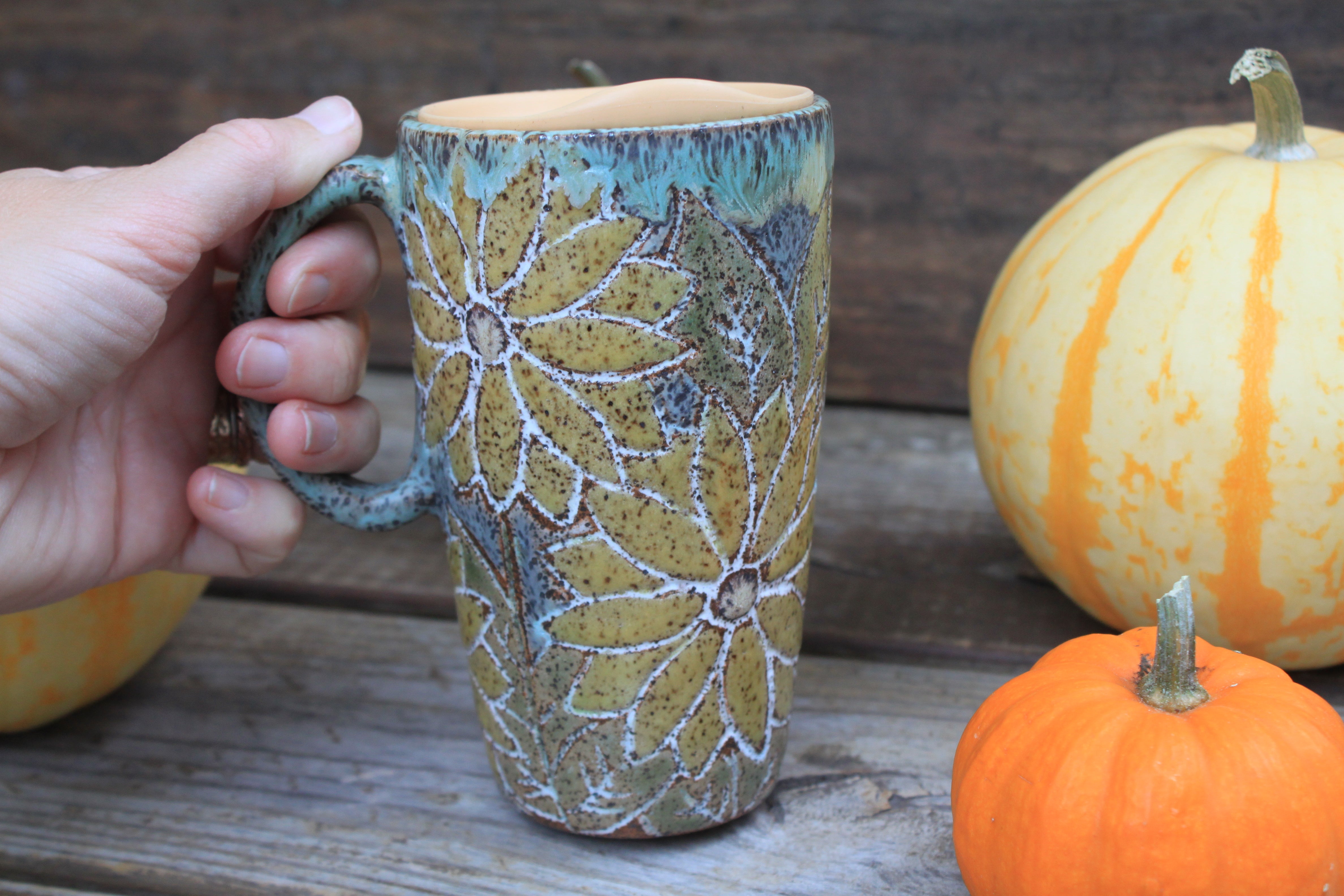 Sunflower Fields Forever Handled Travel Mug, 17 oz