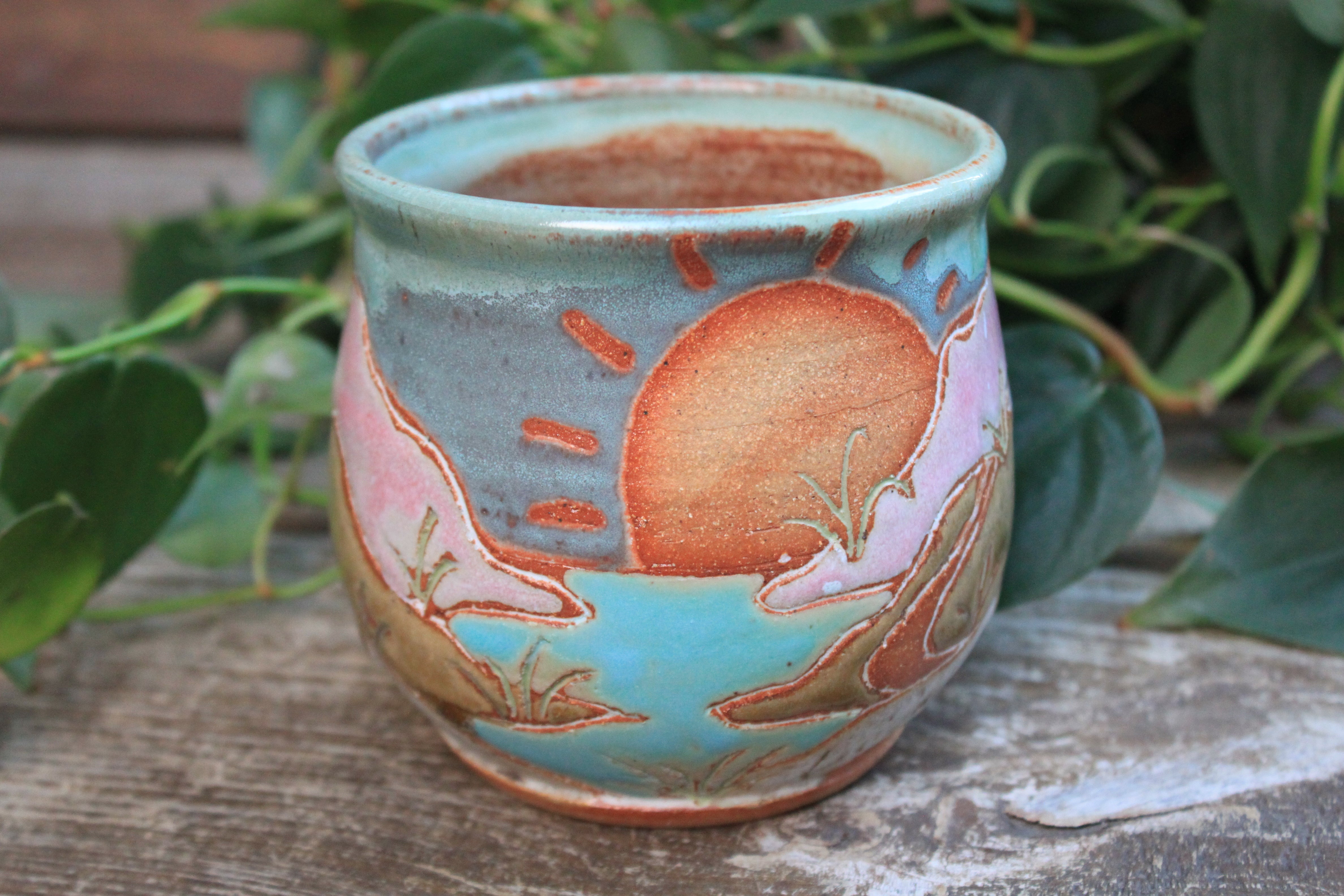 Beachy Sand Dune Sunset Carved Mug, 17 oz