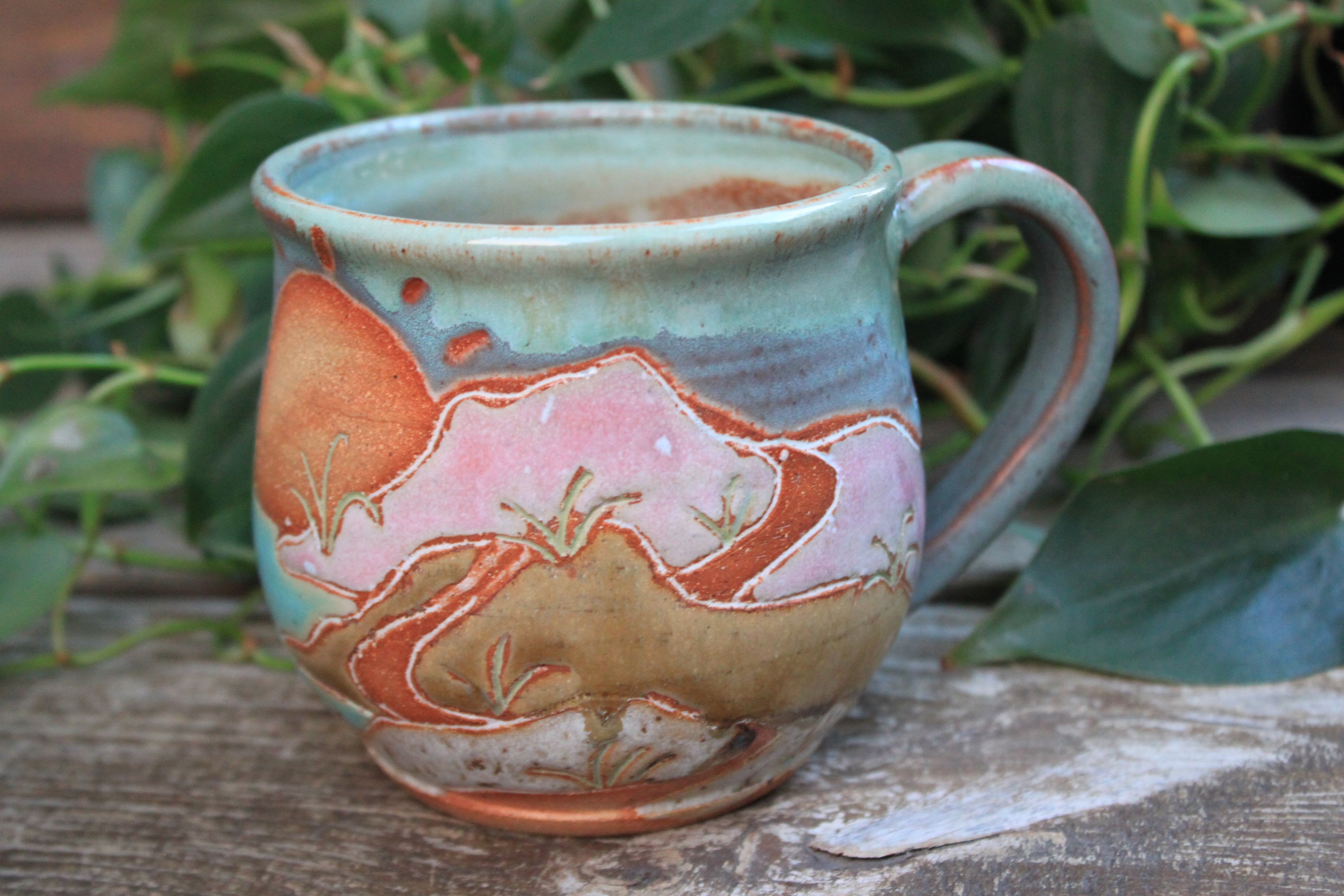 Beachy Sand Dune Sunset Carved Mug, 17 oz