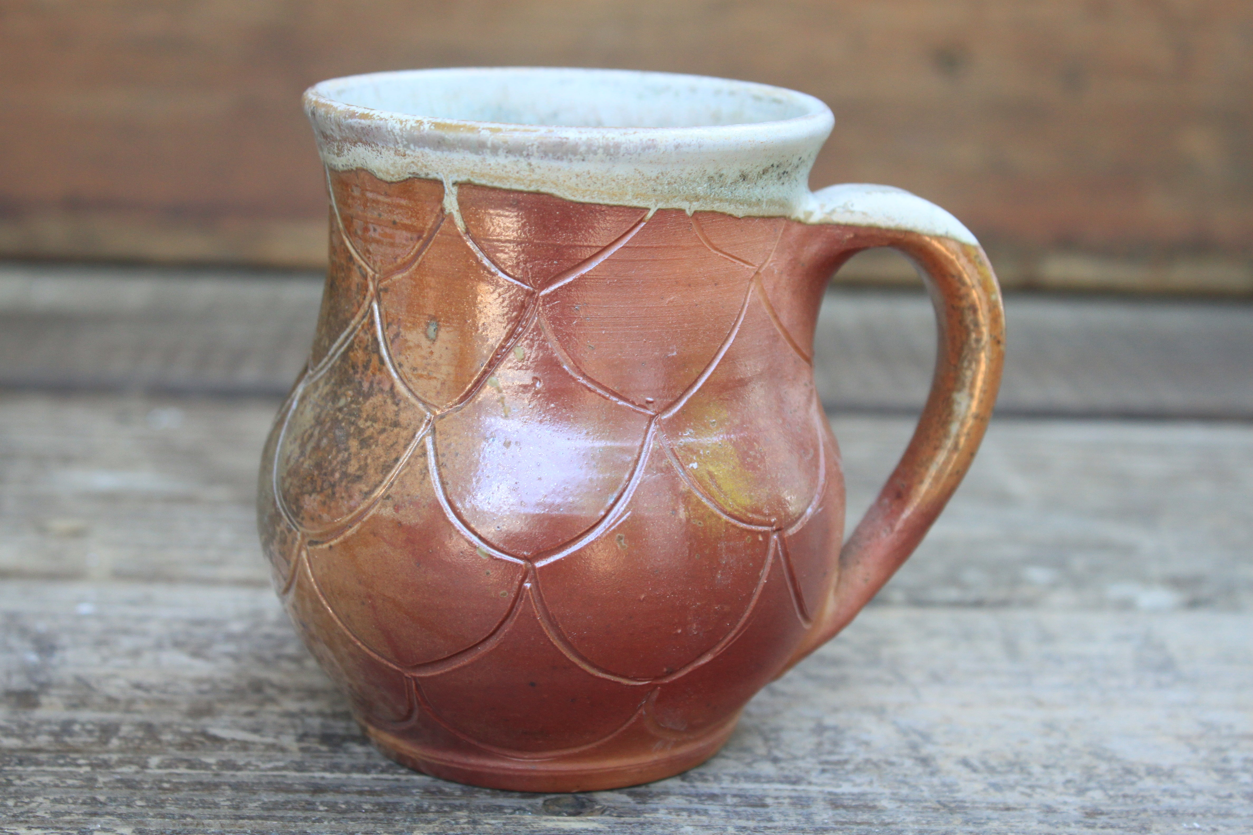 Wood Fired Carved Carved Scalloped Pattern Mug, 13 oz