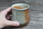 Load image into Gallery viewer, Wood Fired Distant Peaks and Partly Cloudy Days Carved Sipper, 12 oz
