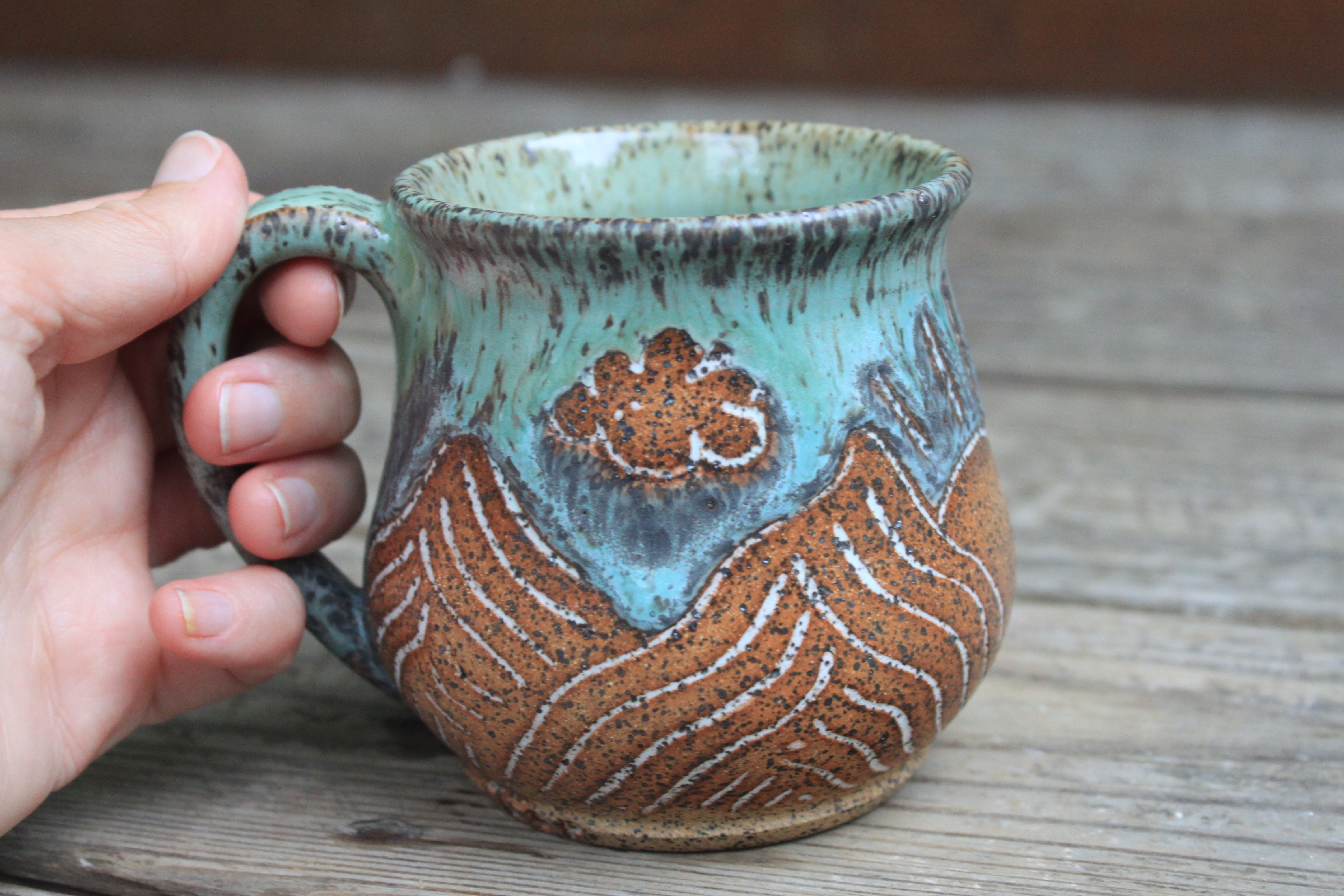 Carved Mountain Valley Partly Cloudy Sunset Mug, 14 oz