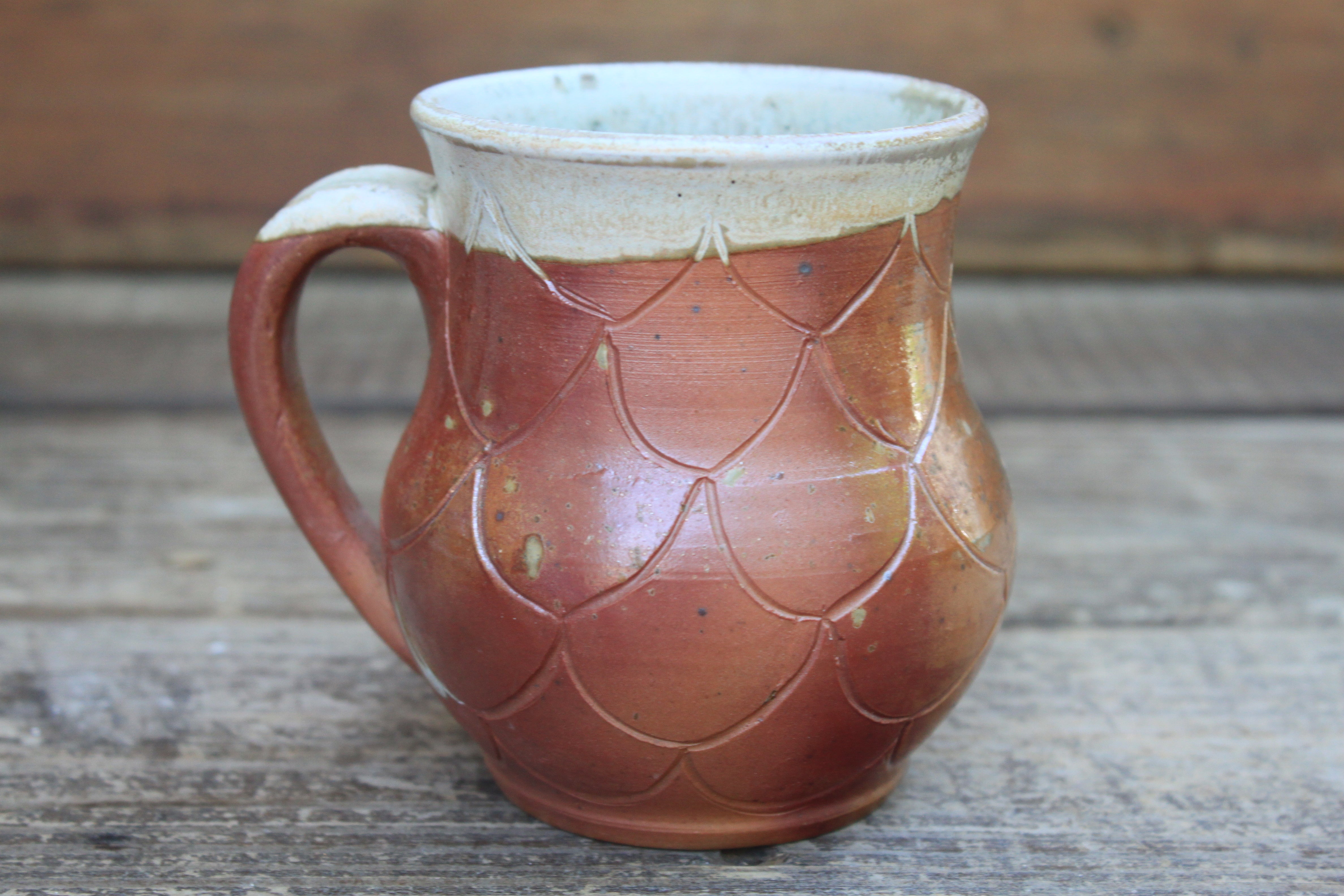 Wood Fired Carved Carved Scalloped Pattern Mug, 13 oz