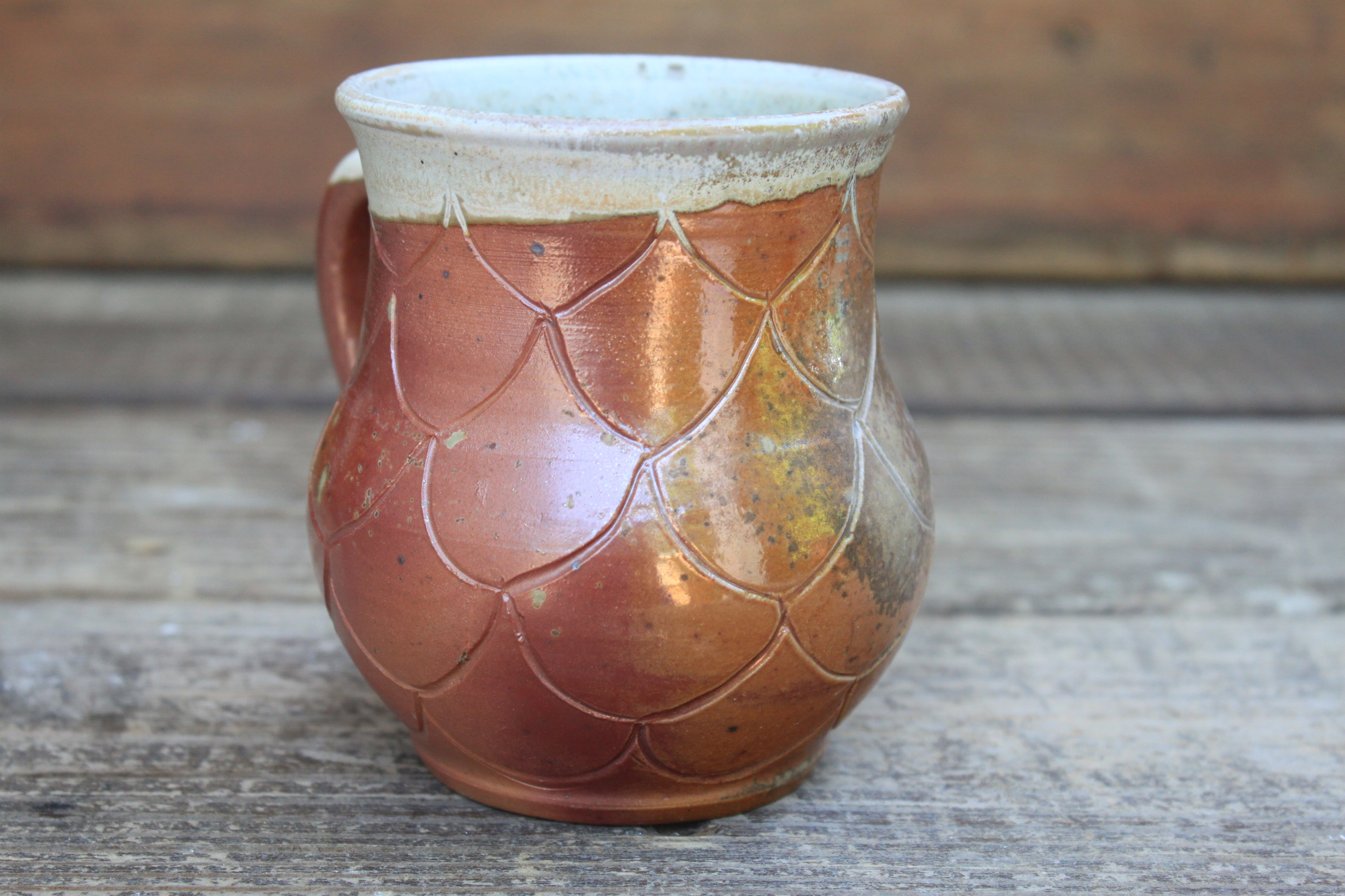 Wood Fired Carved Carved Scalloped Pattern Mug, 13 oz