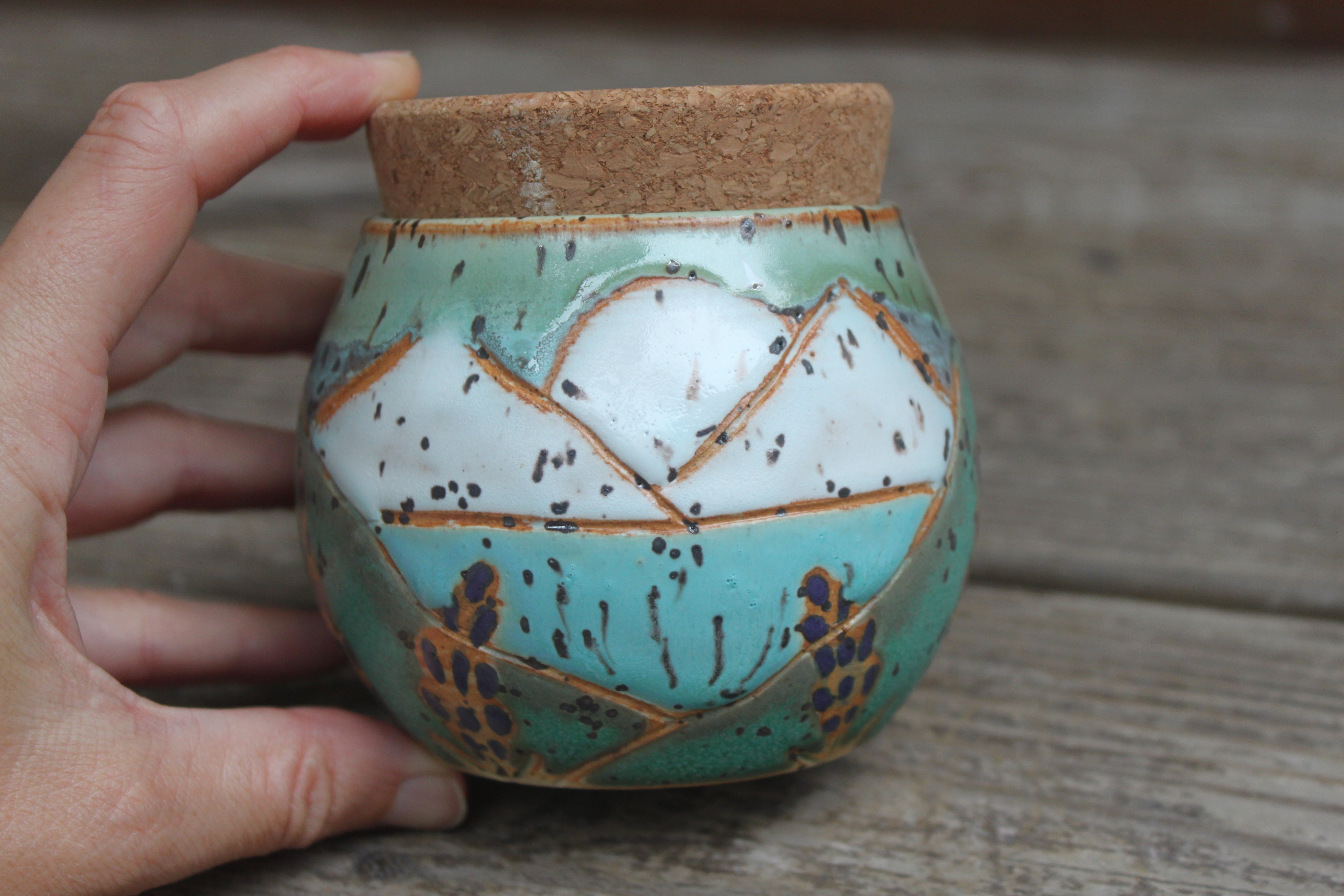 Carved Lupine Lover Ocean Horizon Jar with Cork