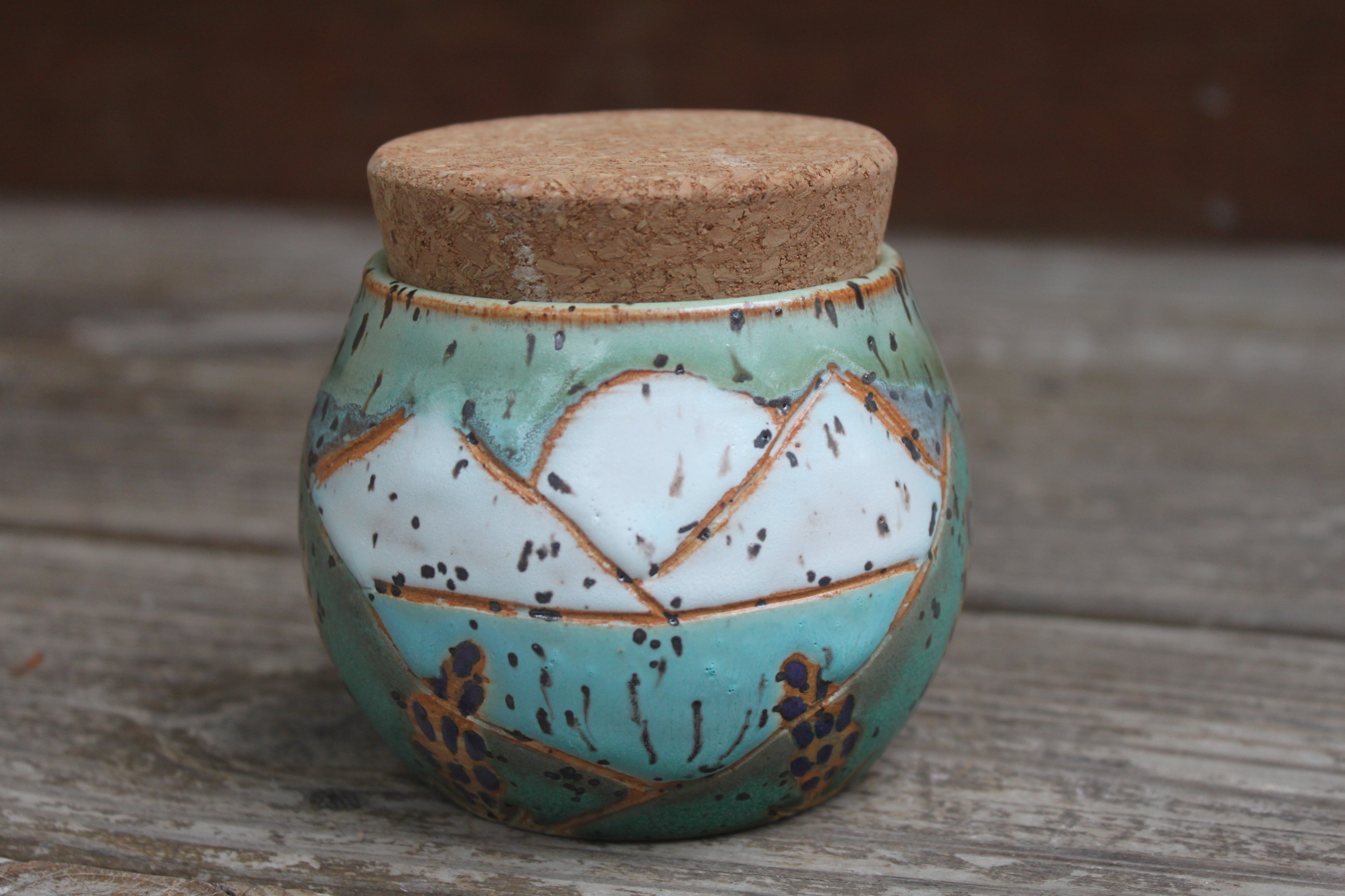 Carved Lupine Lover Ocean Horizon Jar with Cork