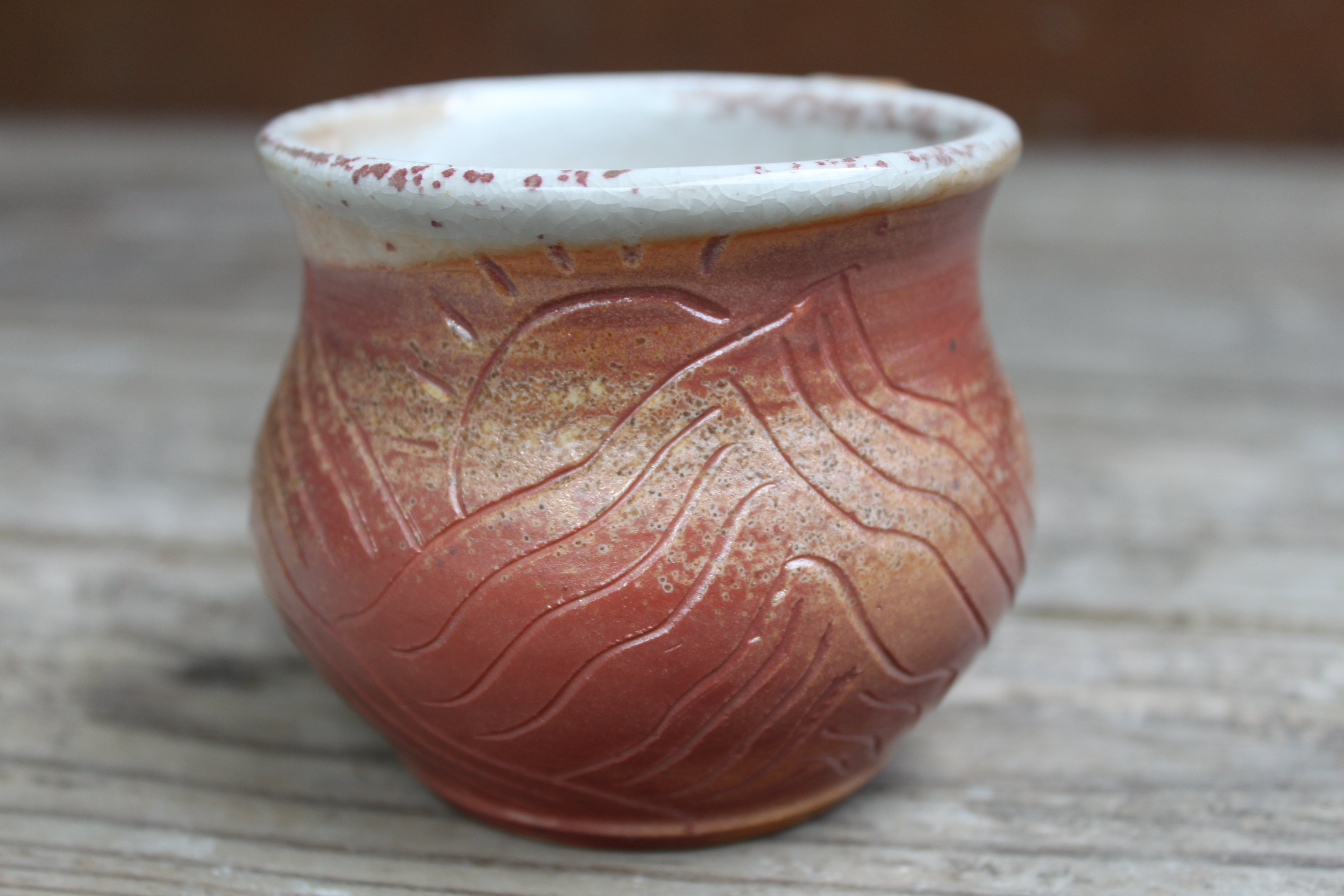 Wood Fired Distant Peaks Sunset Carved Mug, 10 oz