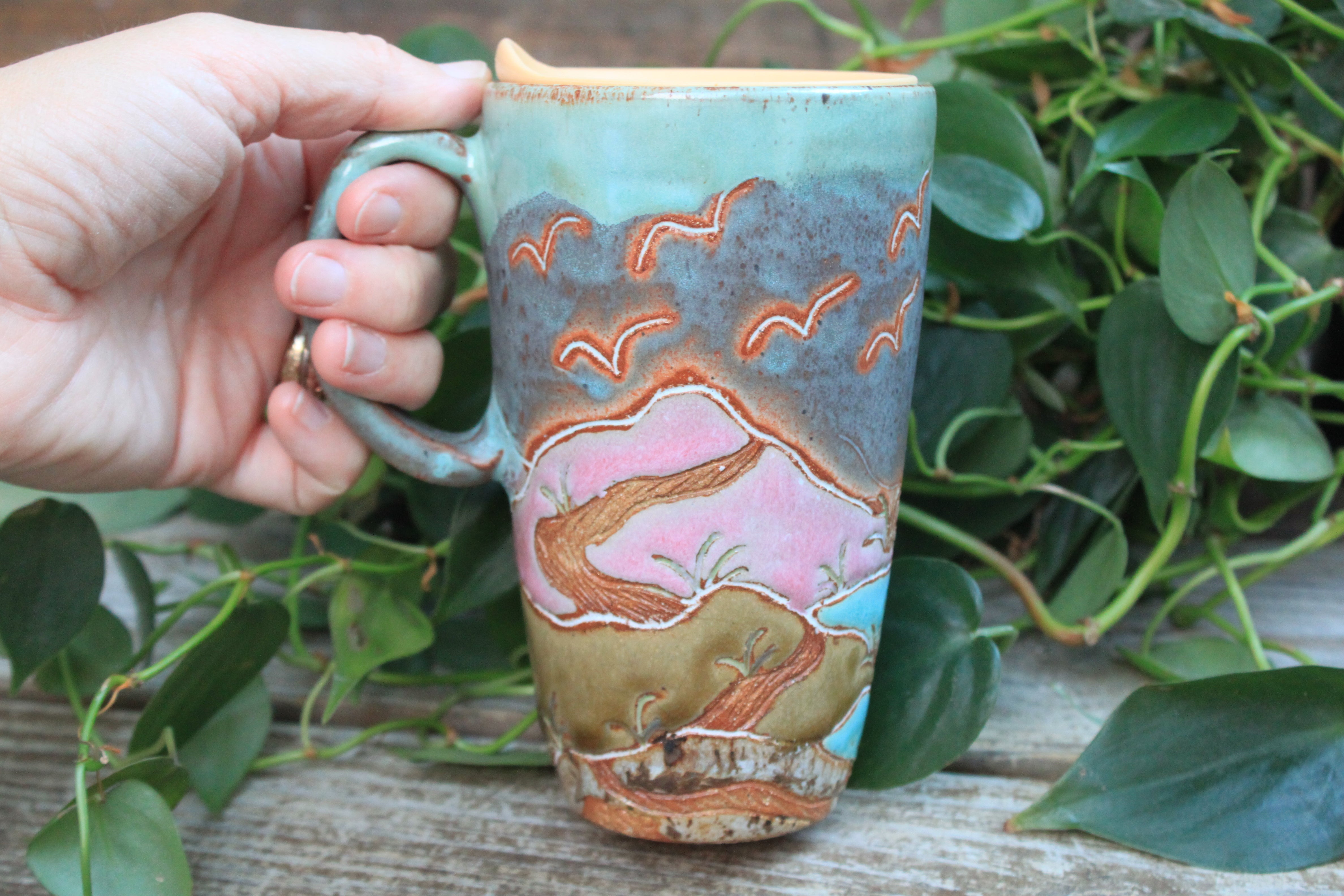 Sand Dune Sunset Carved Handled Travel Mug, 19 oz