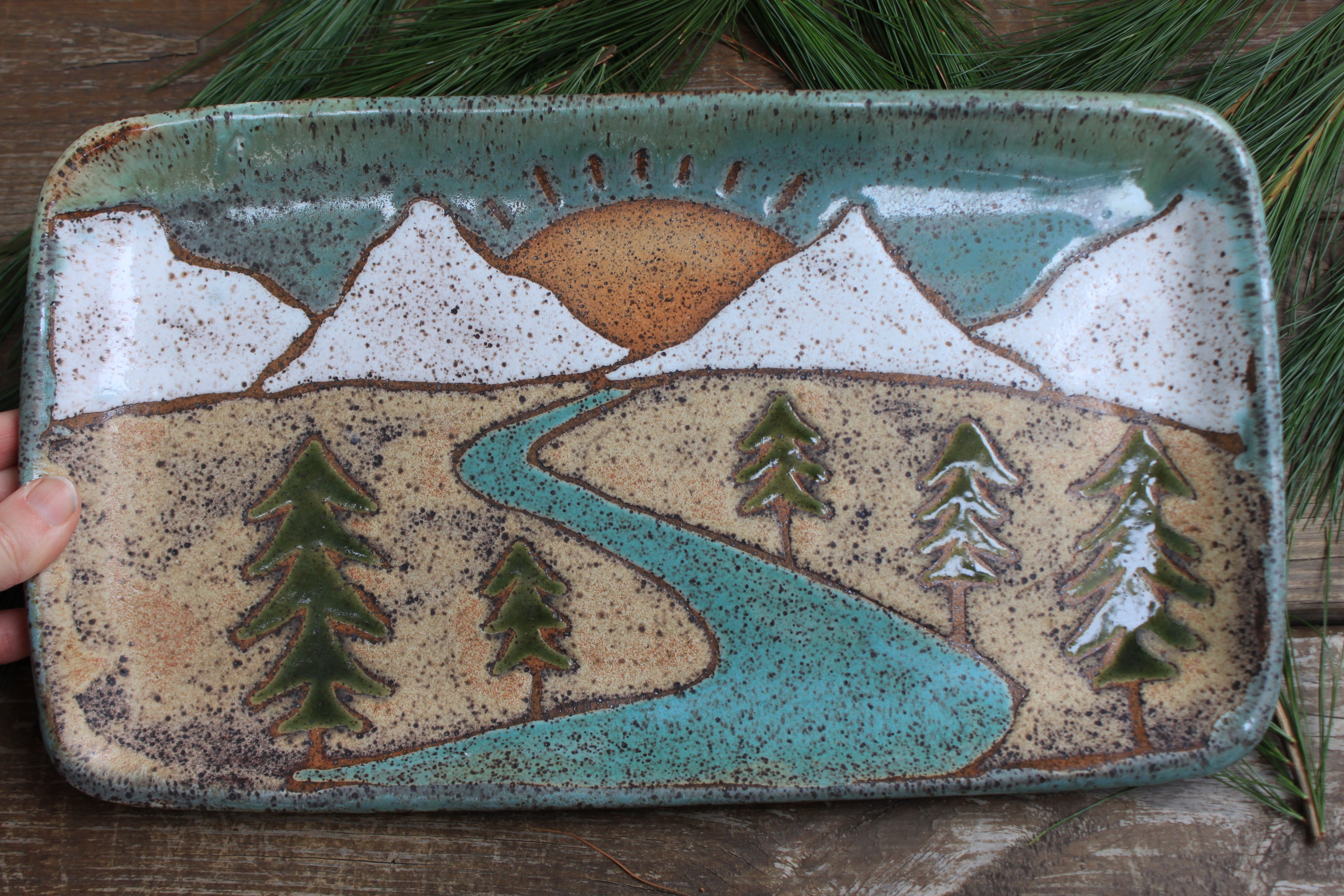 Distant Snowy Mountains Rolling River Tray