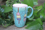 Load image into Gallery viewer, Lobster Lovers Handled Travel Mug, Red Lobster with Pink, Yellow, Purple and White Buoys - 16 oz

