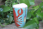 Load image into Gallery viewer, Lobster Lovers Handled Travel Mug, Red Lobster with Pink, Yellow, Purple and White Buoys - 16 oz
