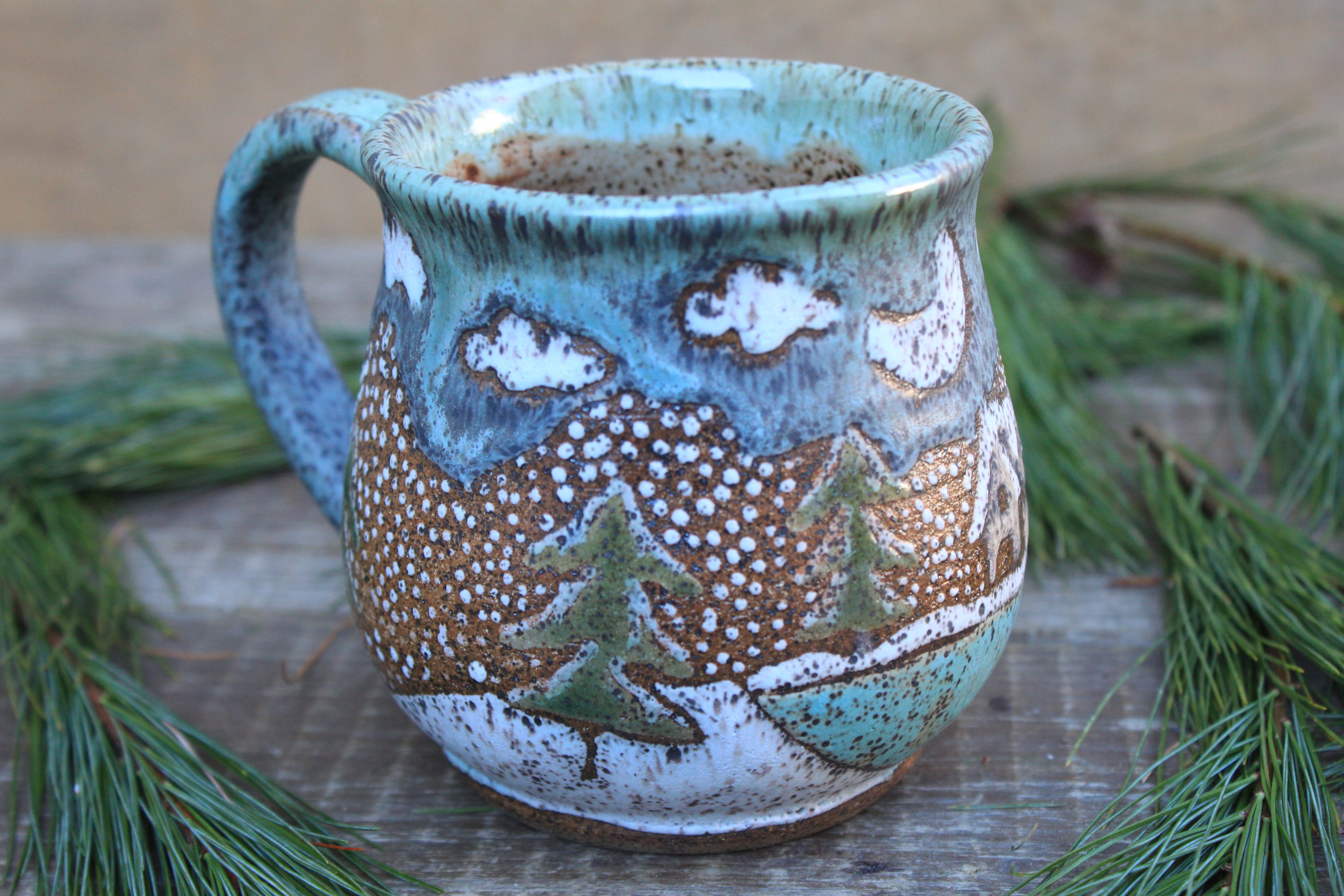 Snow Day Cabin in a Lakeside Forest Mug, 19.5 oz