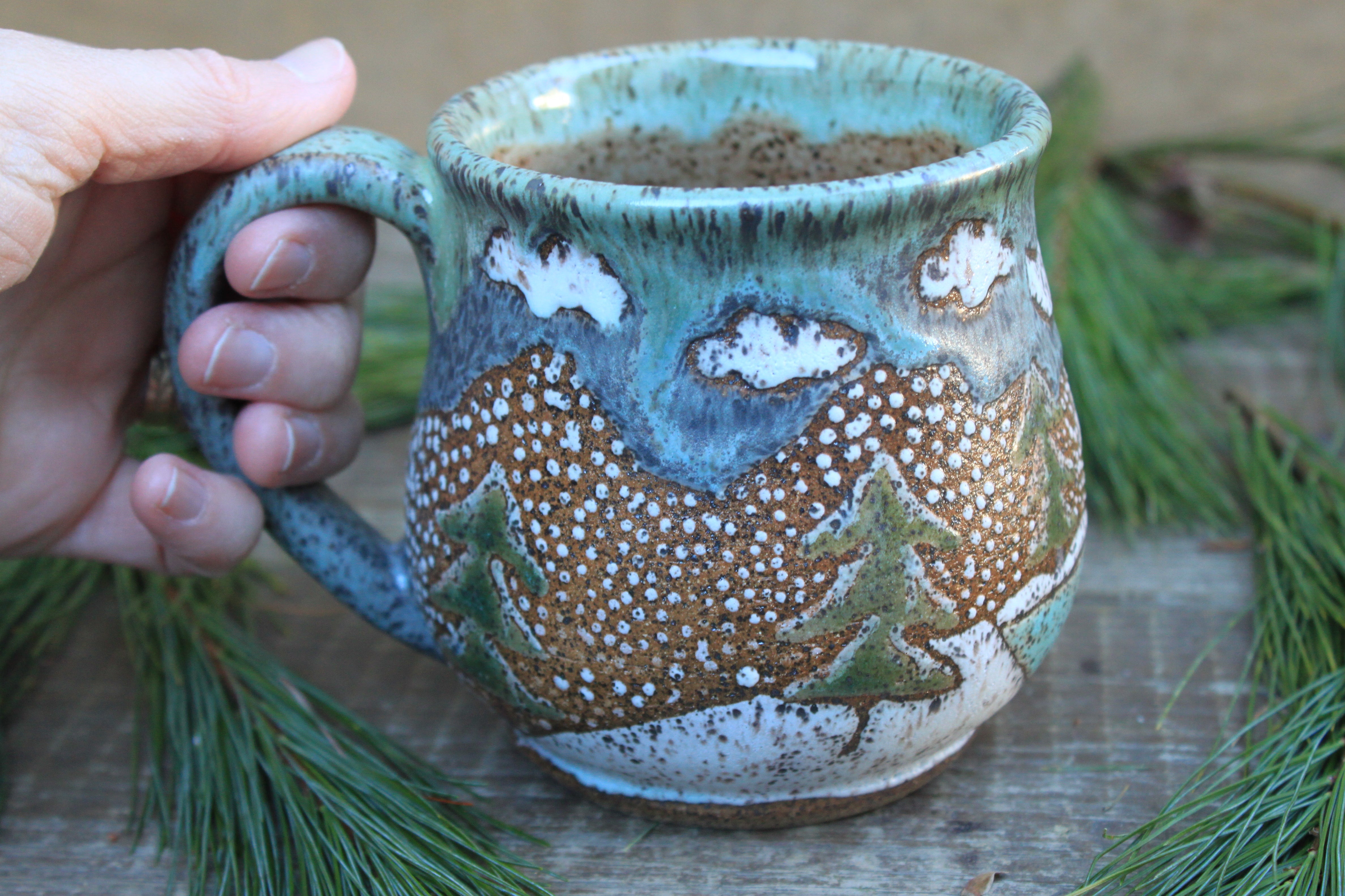 Snow Day Cabin in a Lakeside Forest Mug, 19.5 oz