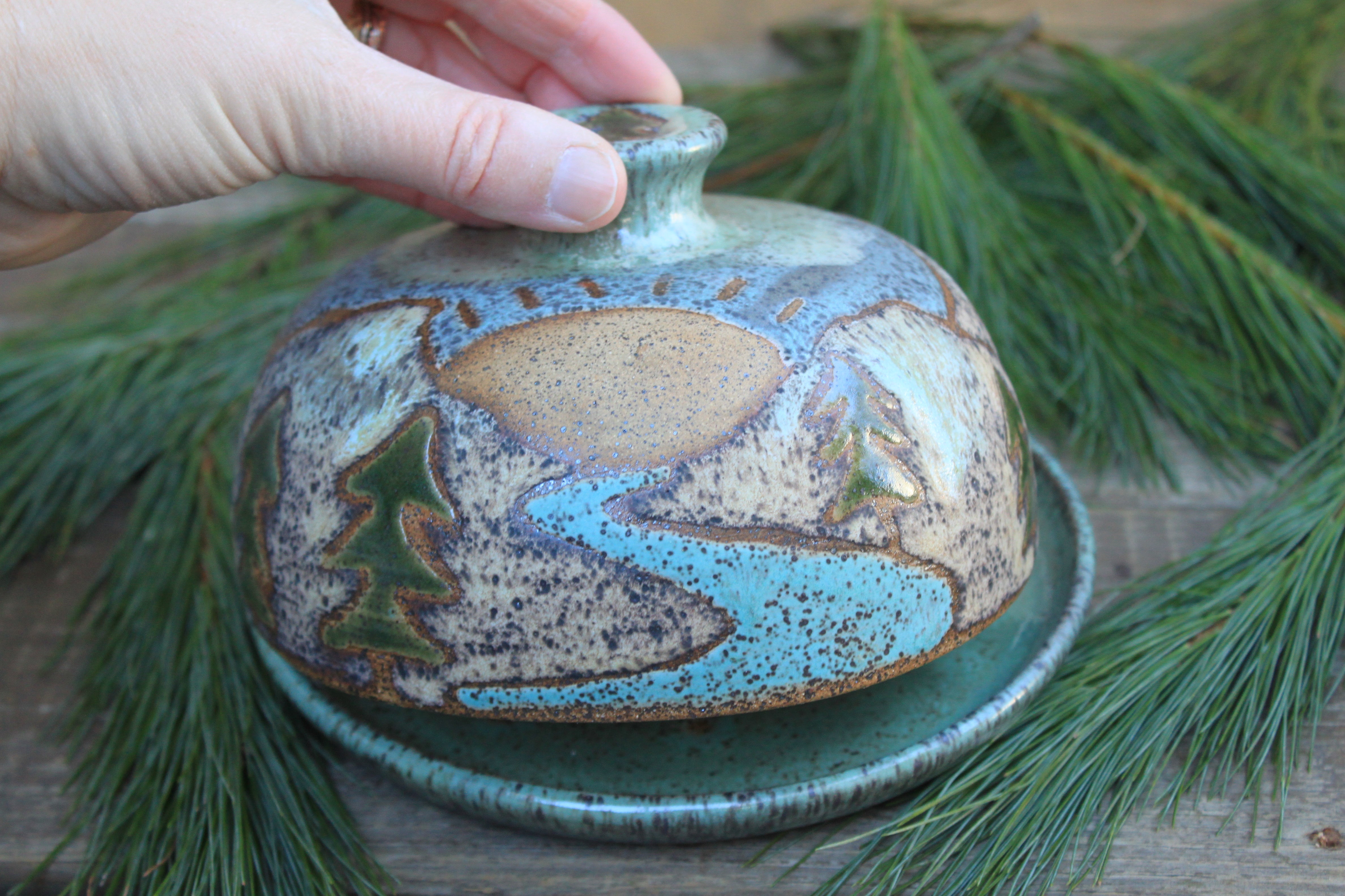 Seconds Sale! Rolling River and Evergreen Lidded (Butter) Dish