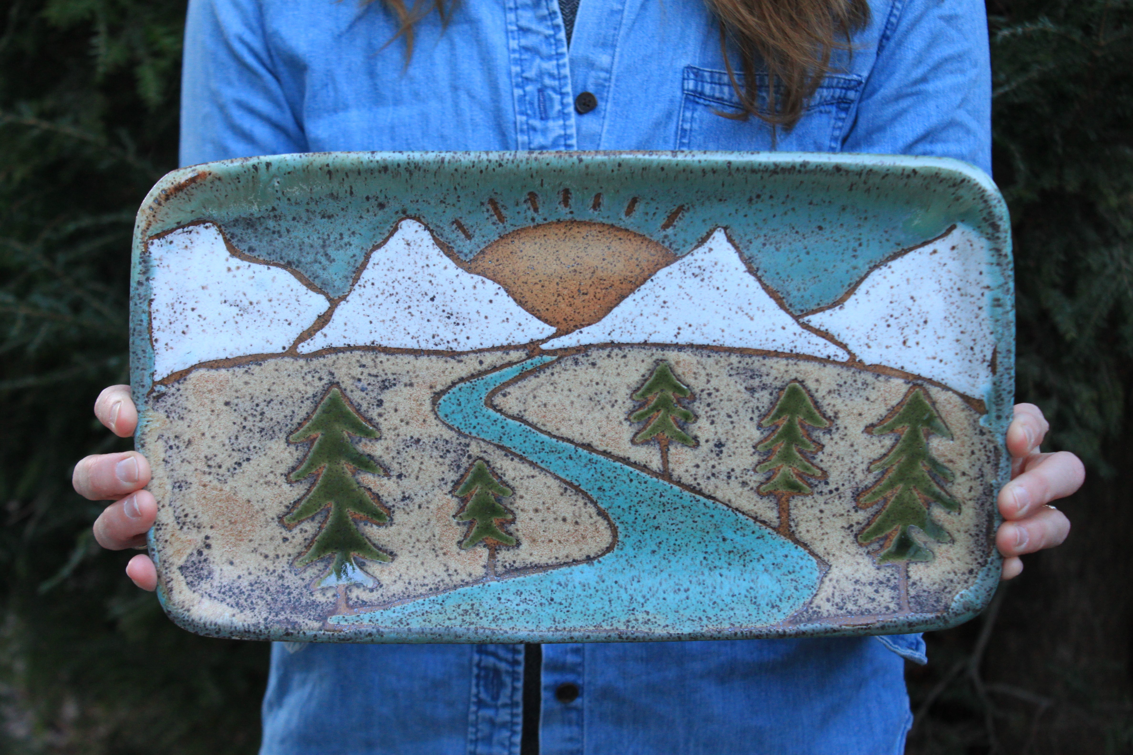 Distant Snowy Mountains Rolling River Tray