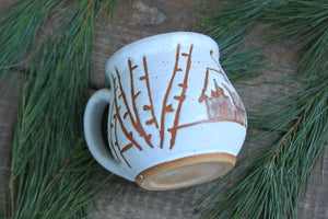 Cabin with Snowy Birch Trees Mug, 18 oz