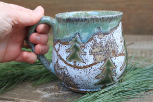 Snowy Cabin Forest Days Carved Mug, 19 oz
