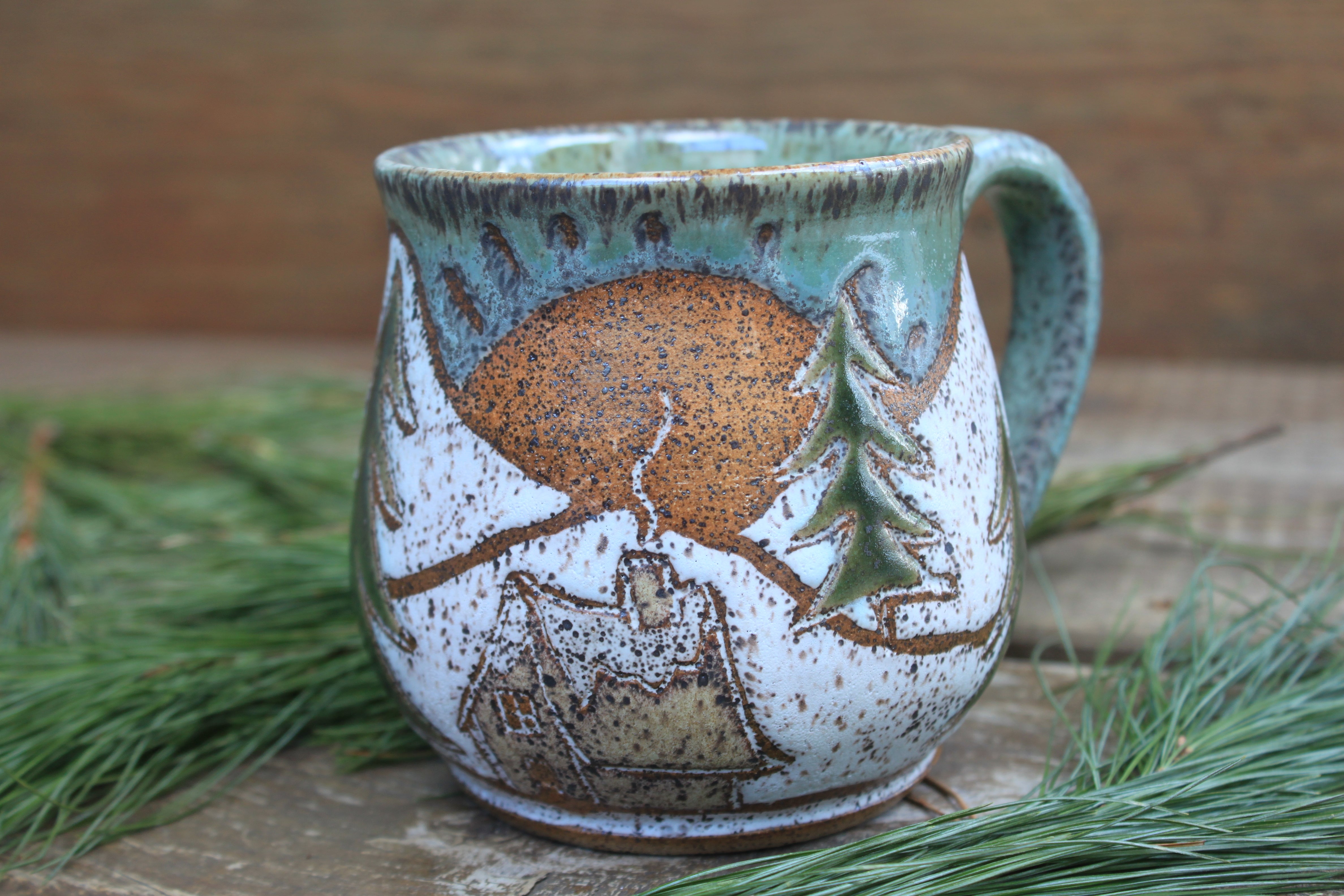 Snowy Cabin Forest Days Carved Mug, 19 oz