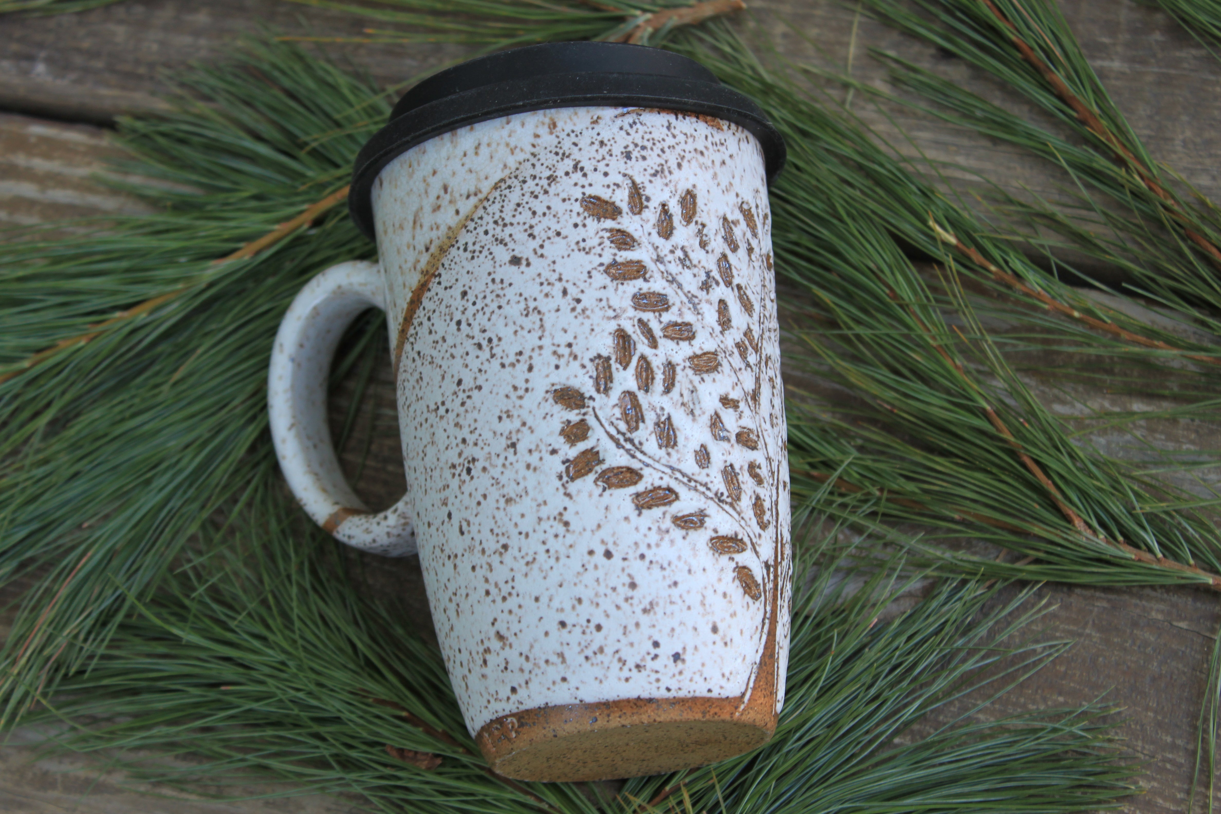 Snowy Foliage Carved Handled Travel Mug, 16 oz