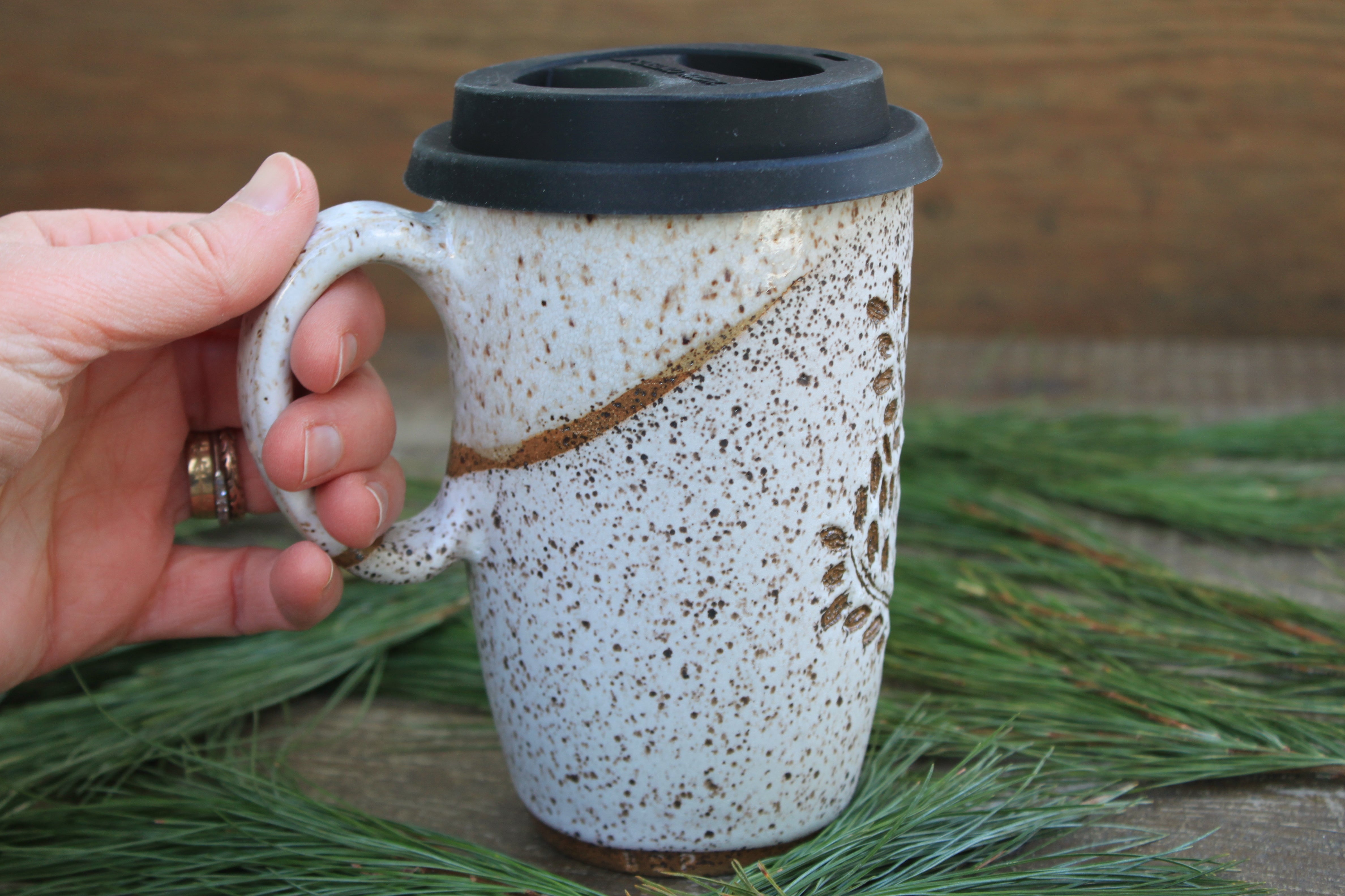 Snowy Foliage Carved Handled Travel Mug, 16 oz