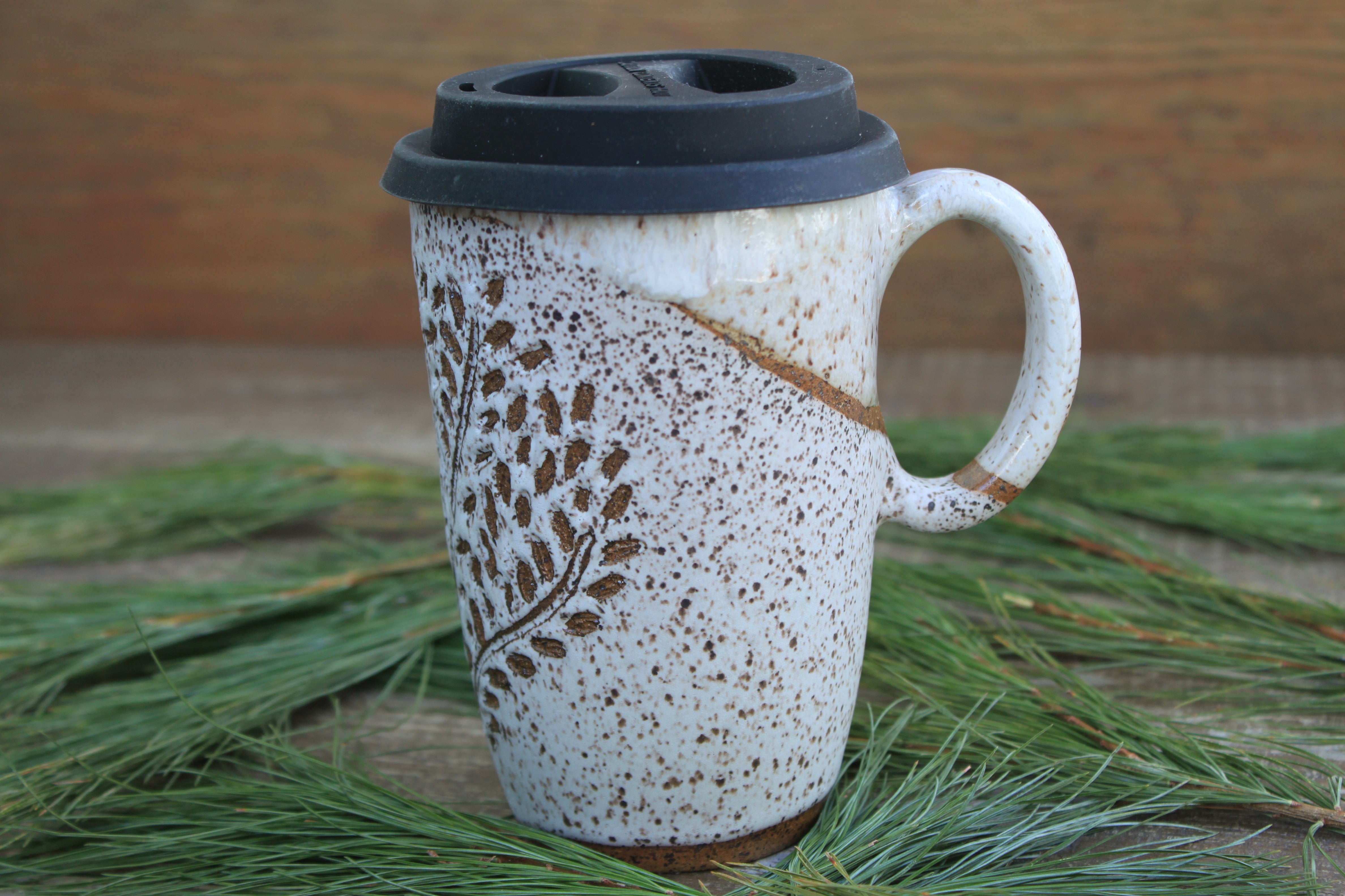 Snowy Foliage Carved Handled Travel Mug, 16 oz