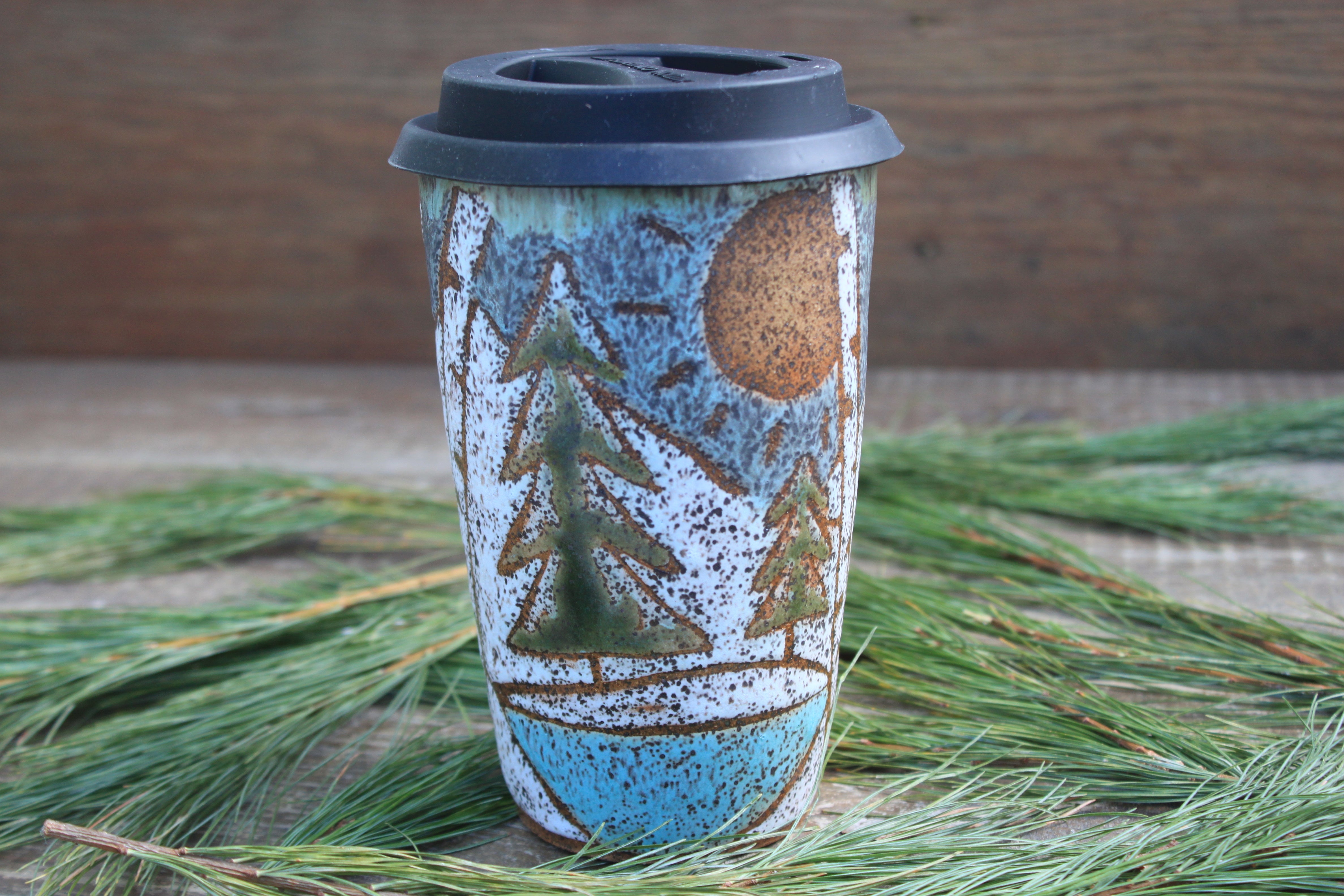 Seconds Sale! Birch Trees and Evergreen Days Handled Travel Mug, 18 oz