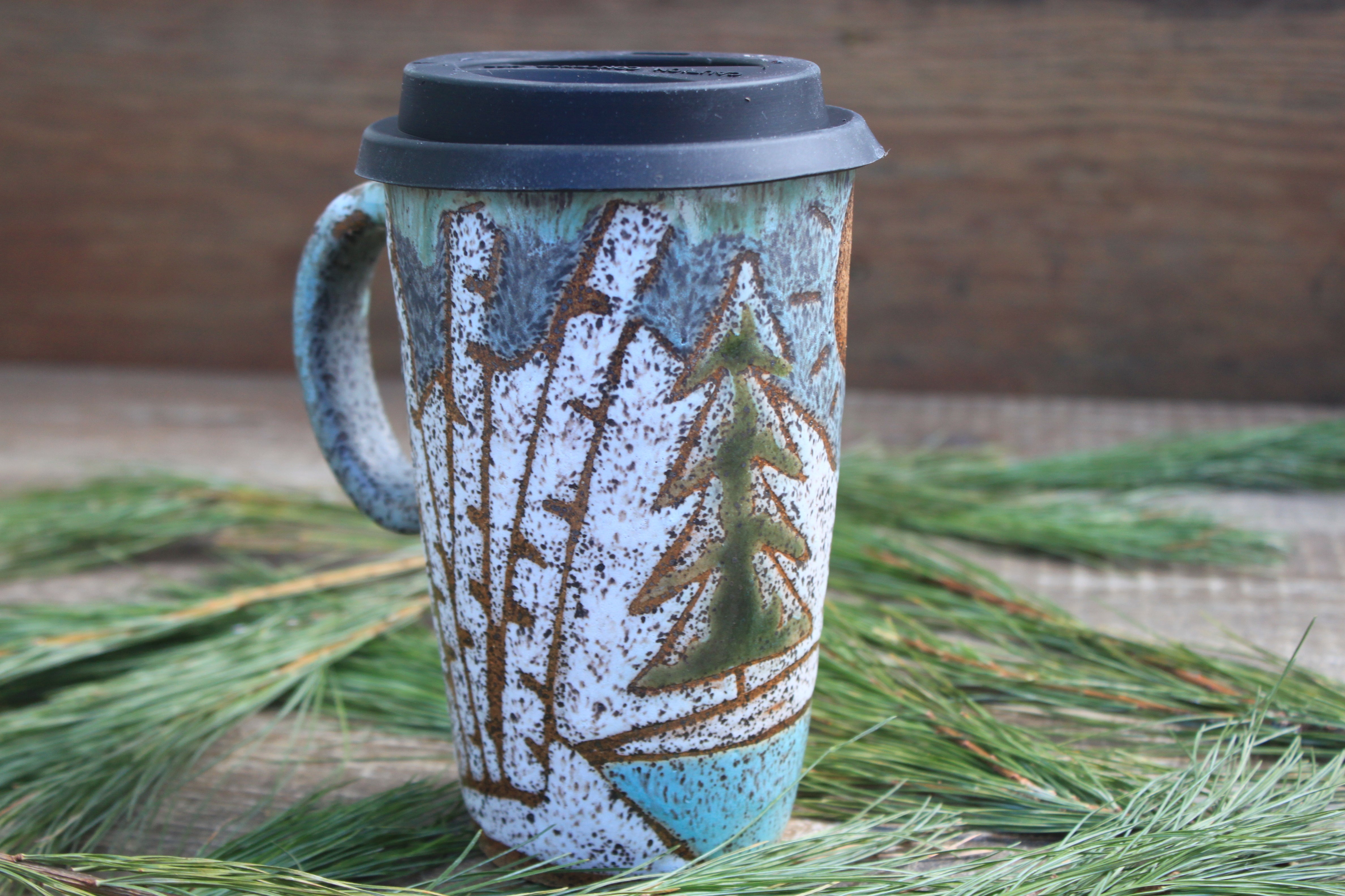 Seconds Sale! Birch Trees and Evergreen Days Handled Travel Mug, 18 oz