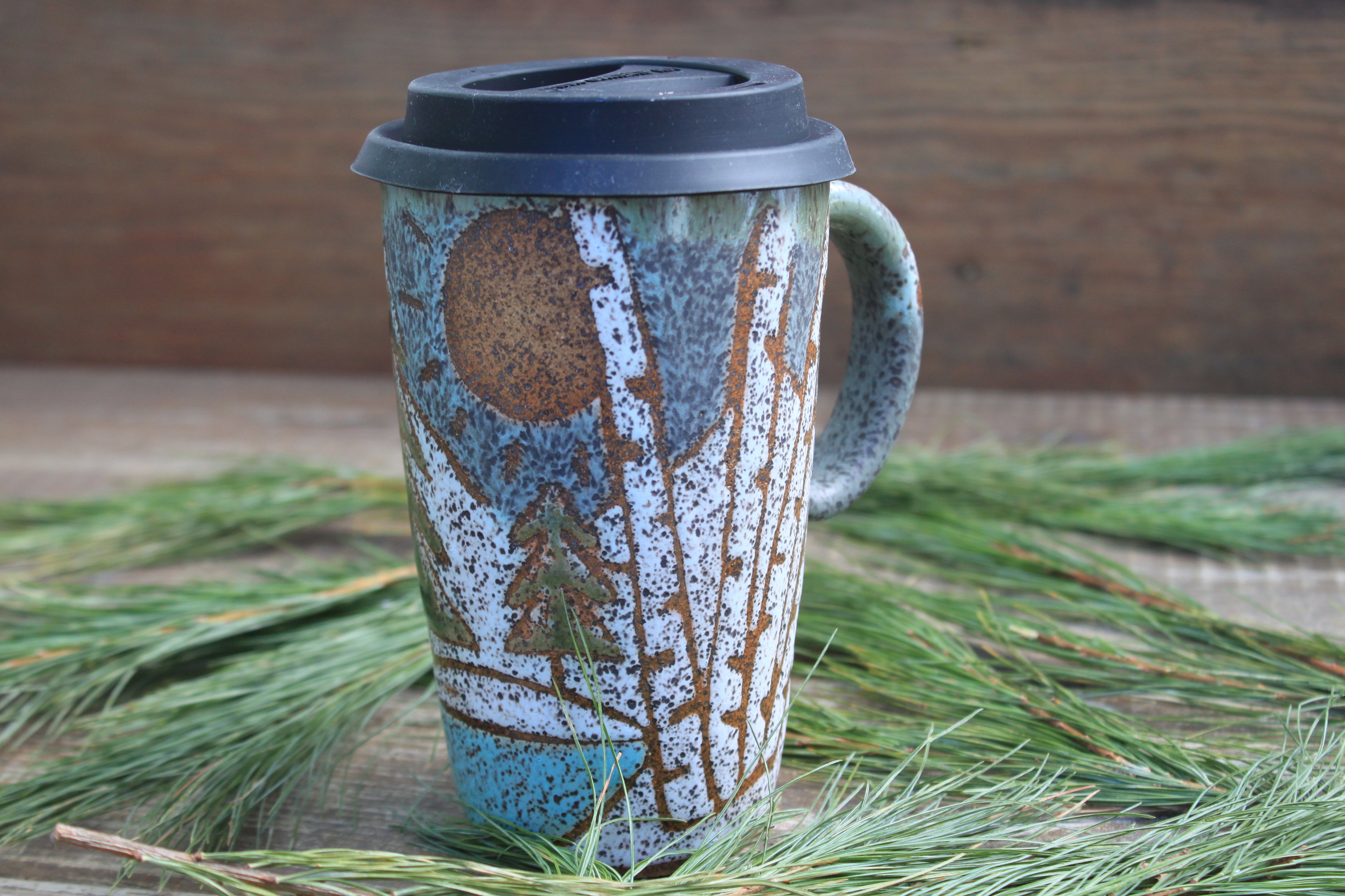 Seconds Sale! Birch Trees and Evergreen Days Handled Travel Mug, 18 oz