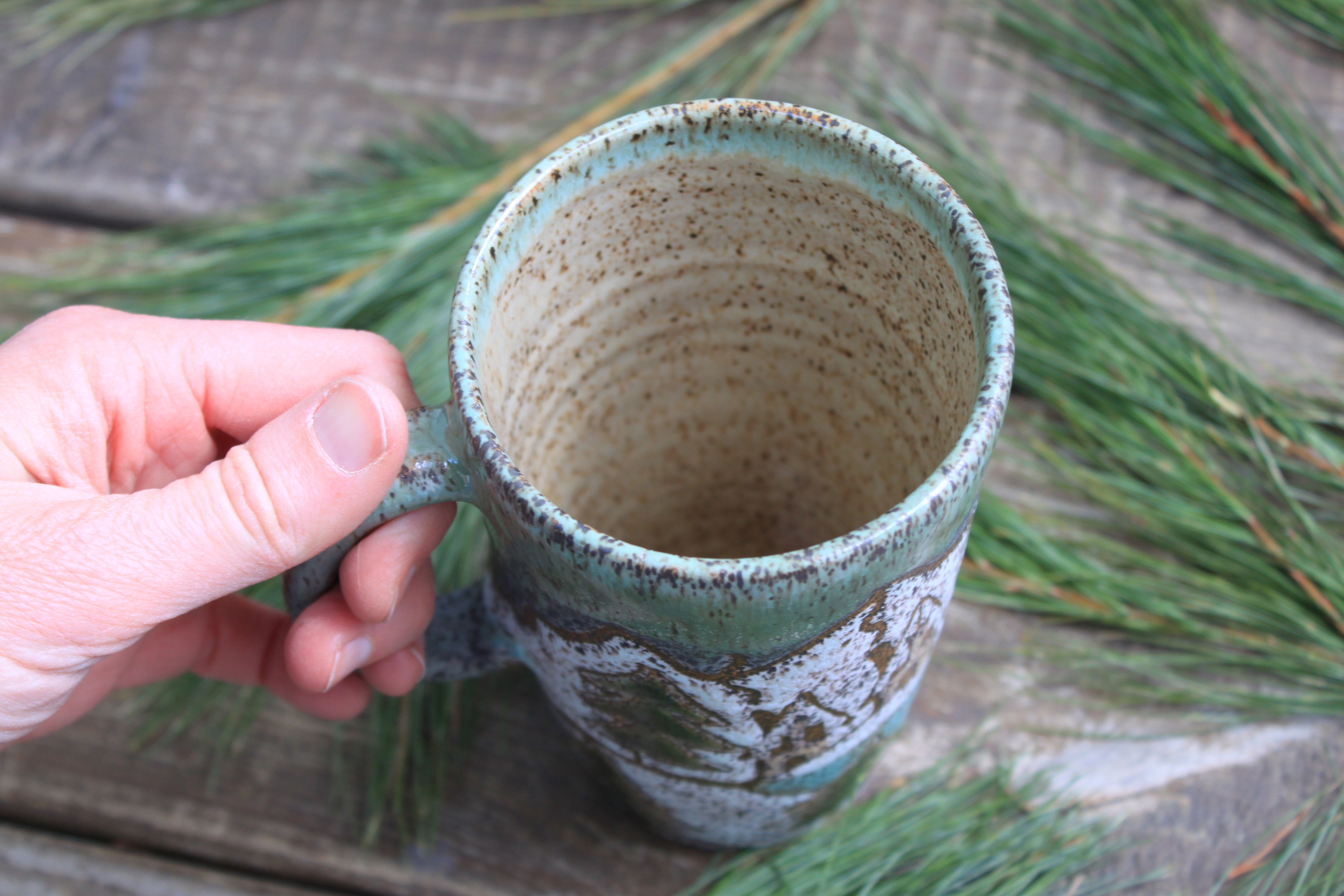 Snowy Cabin Forest Days Carved Handled Travel Mug, 17 oz