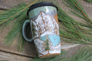 Snowy Cabin Forest Days Carved Handled Travel Mug, 17 oz