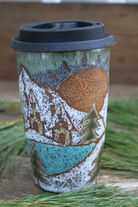 Snowy Cabin Forest Days Carved Handled Travel Mug, 17 oz