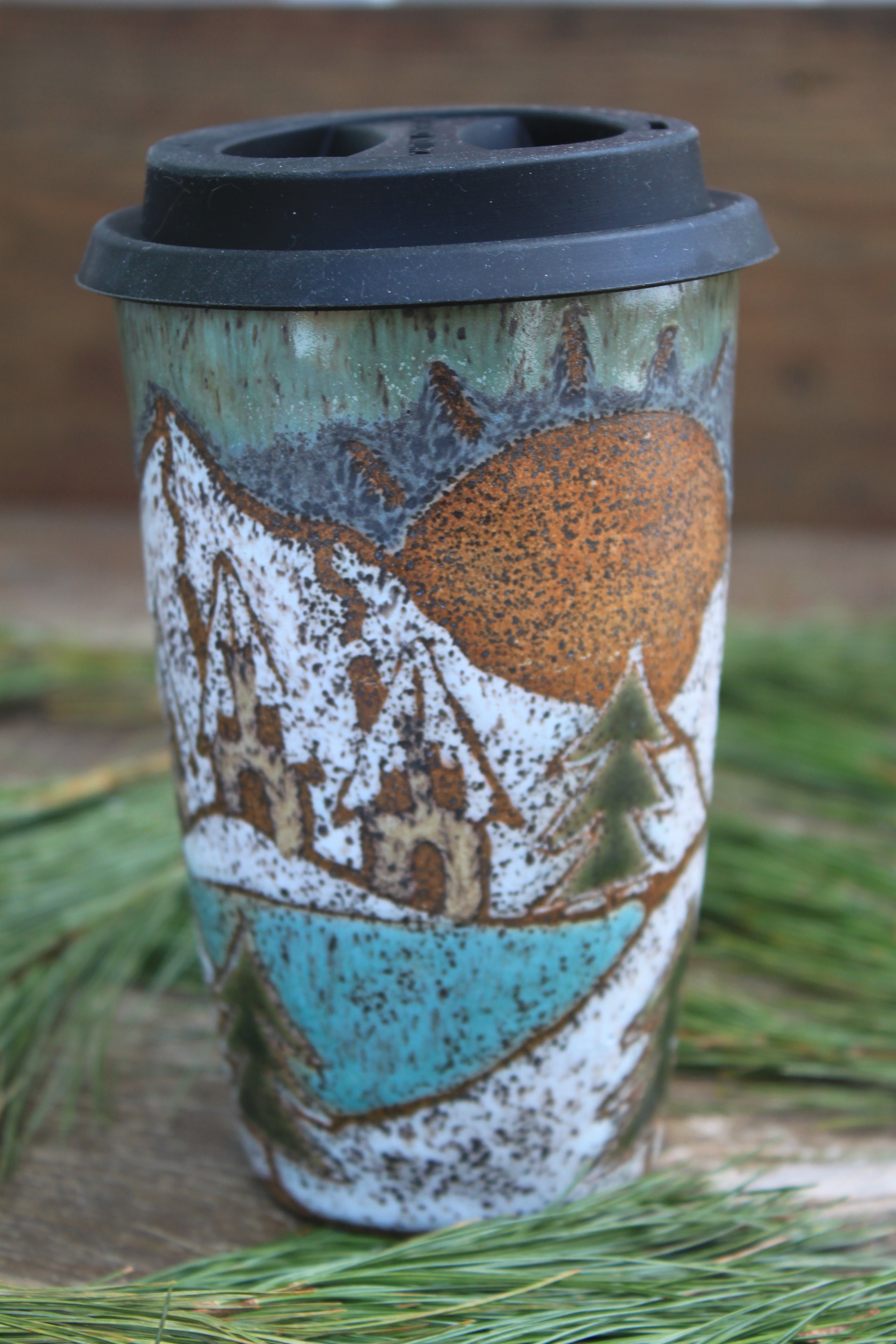 Snowy Cabin Forest Days Carved Handled Travel Mug, 17 oz