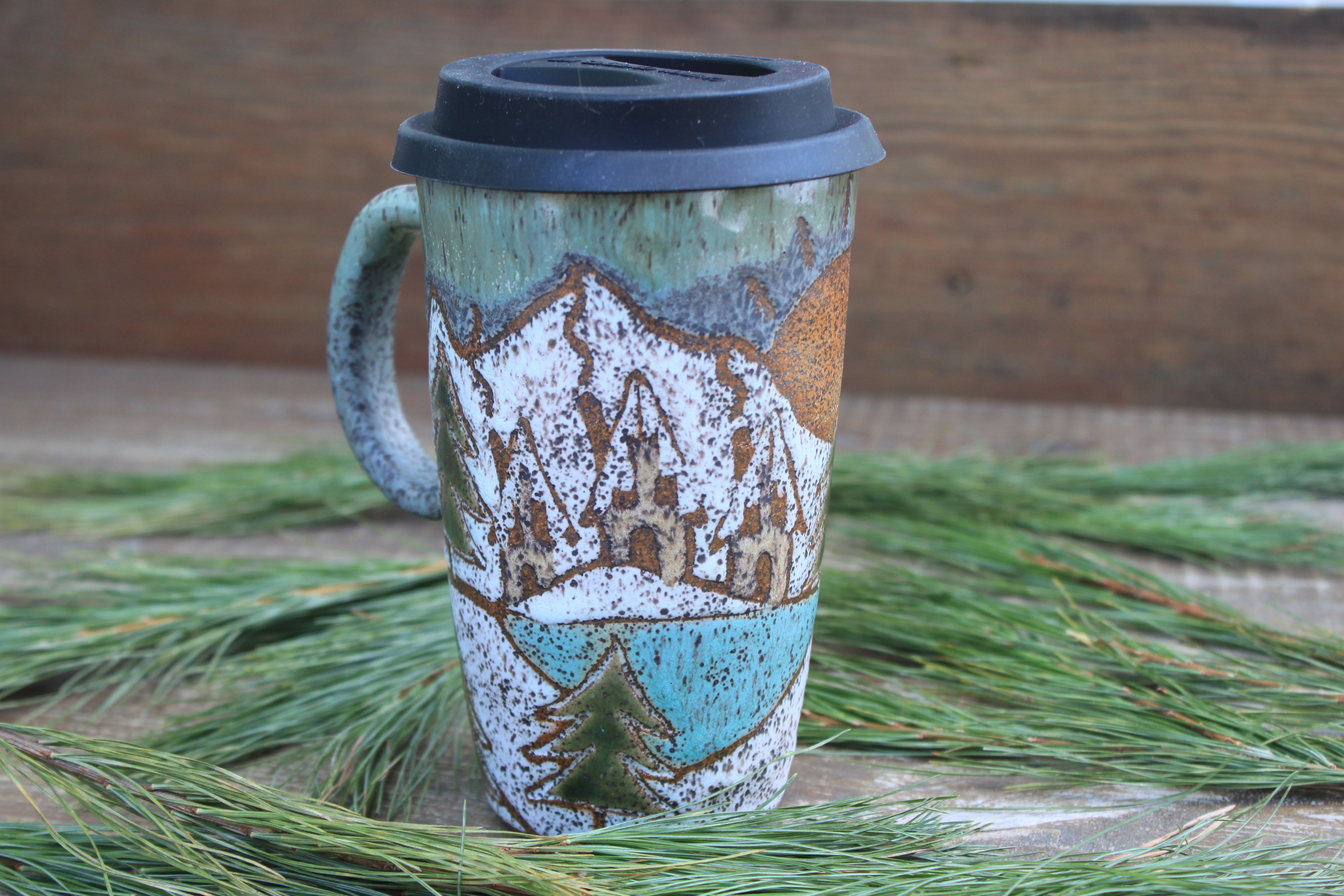 Snowy Cabin Forest Days Carved Handled Travel Mug, 17 oz