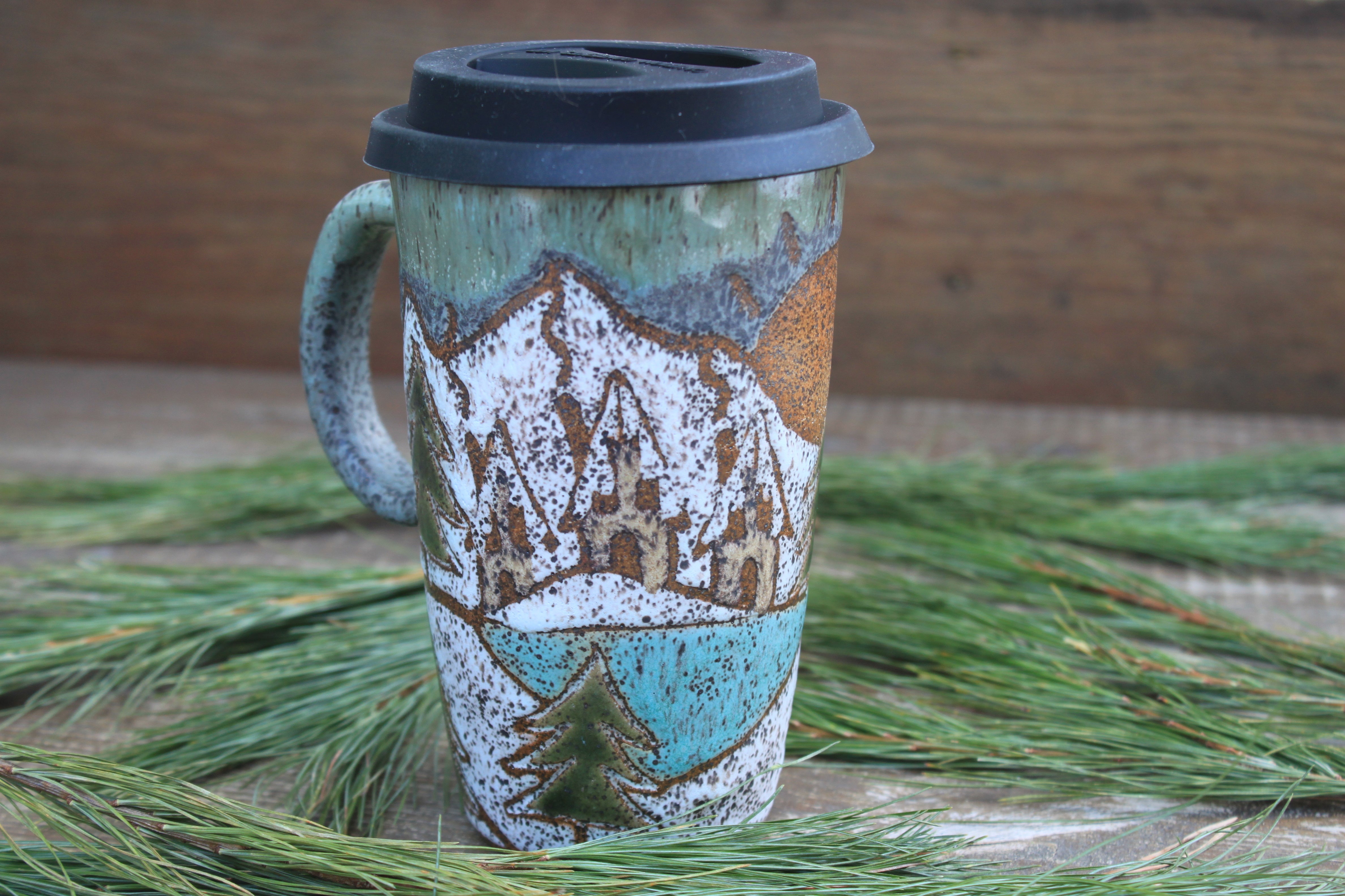 Snowy Cabin Forest Days Carved Handled Travel Mug, 17 oz