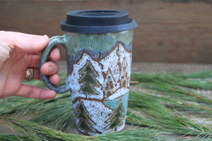 Snowy Cabin Forest Days Carved Handled Travel Mug, 17 oz