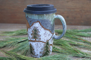 Snowy Cabin Forest Days Carved Handled Travel Mug, 17 oz