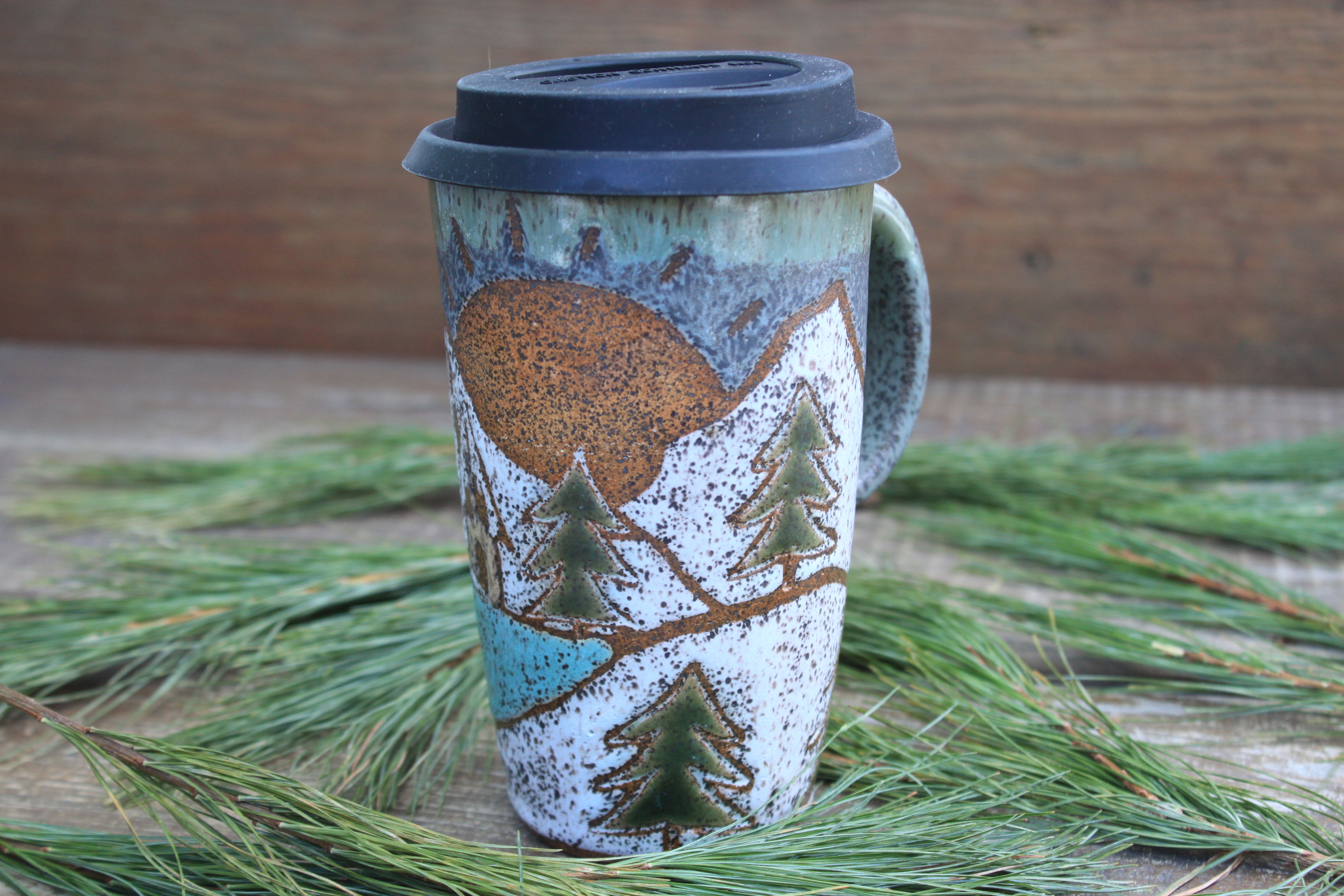 Snowy Cabin Forest Days Carved Handled Travel Mug, 17 oz