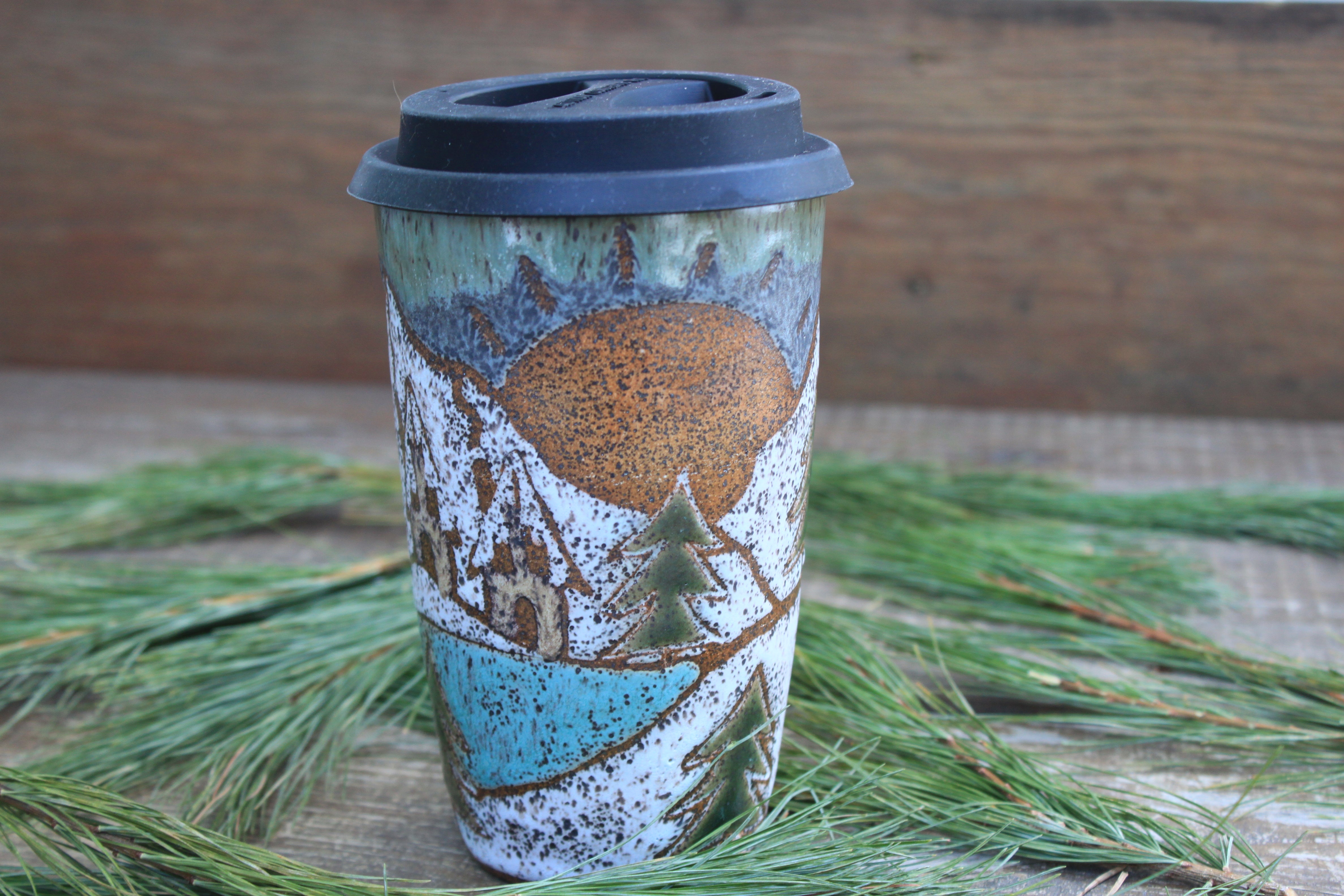 Snowy Cabin Forest Days Carved Handled Travel Mug, 17 oz