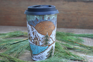 Snowy Cabin Forest Days Carved Handled Travel Mug, 17 oz