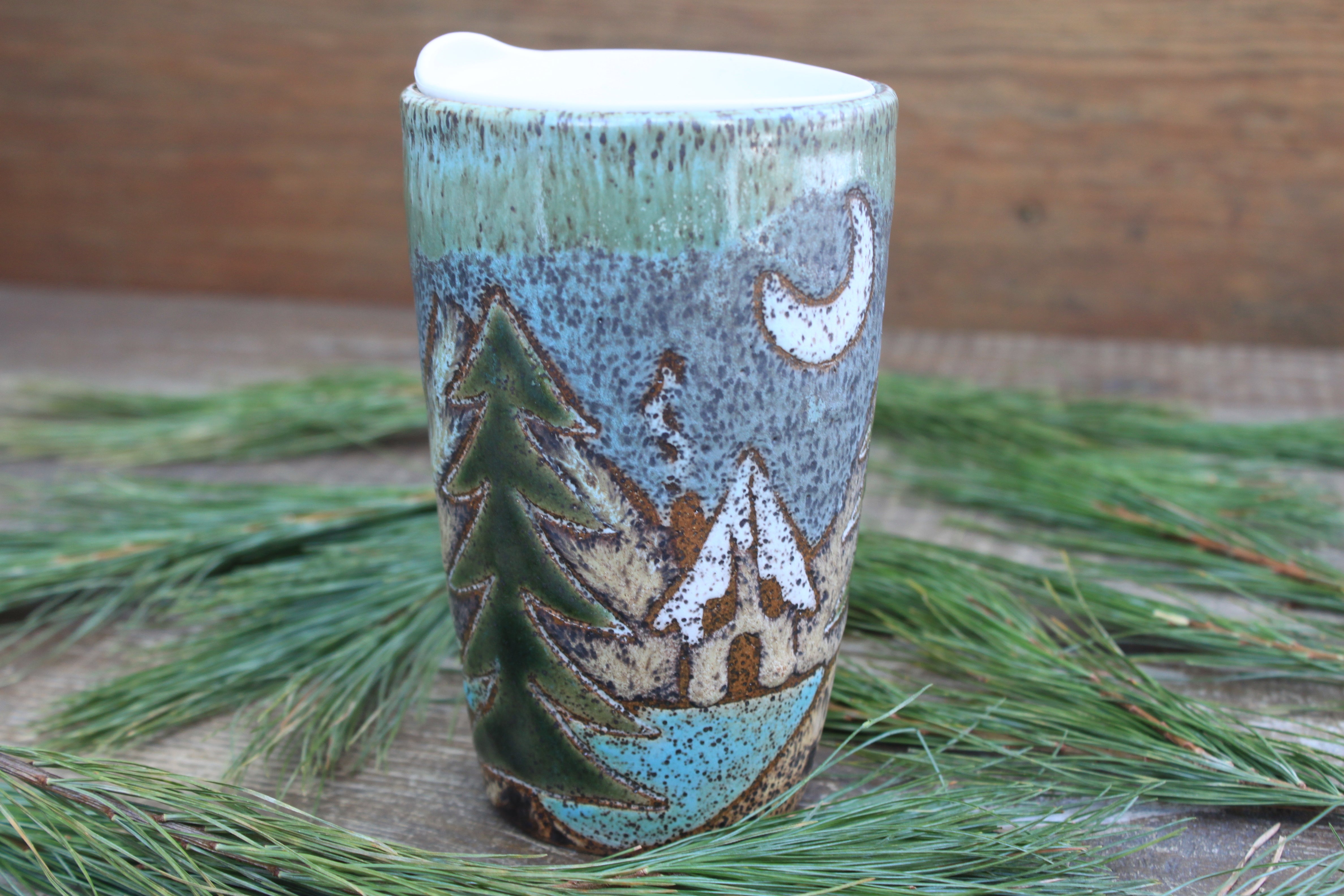 Cabin Forest Nights Carved Handled Carved Travel Mug, 15 oz