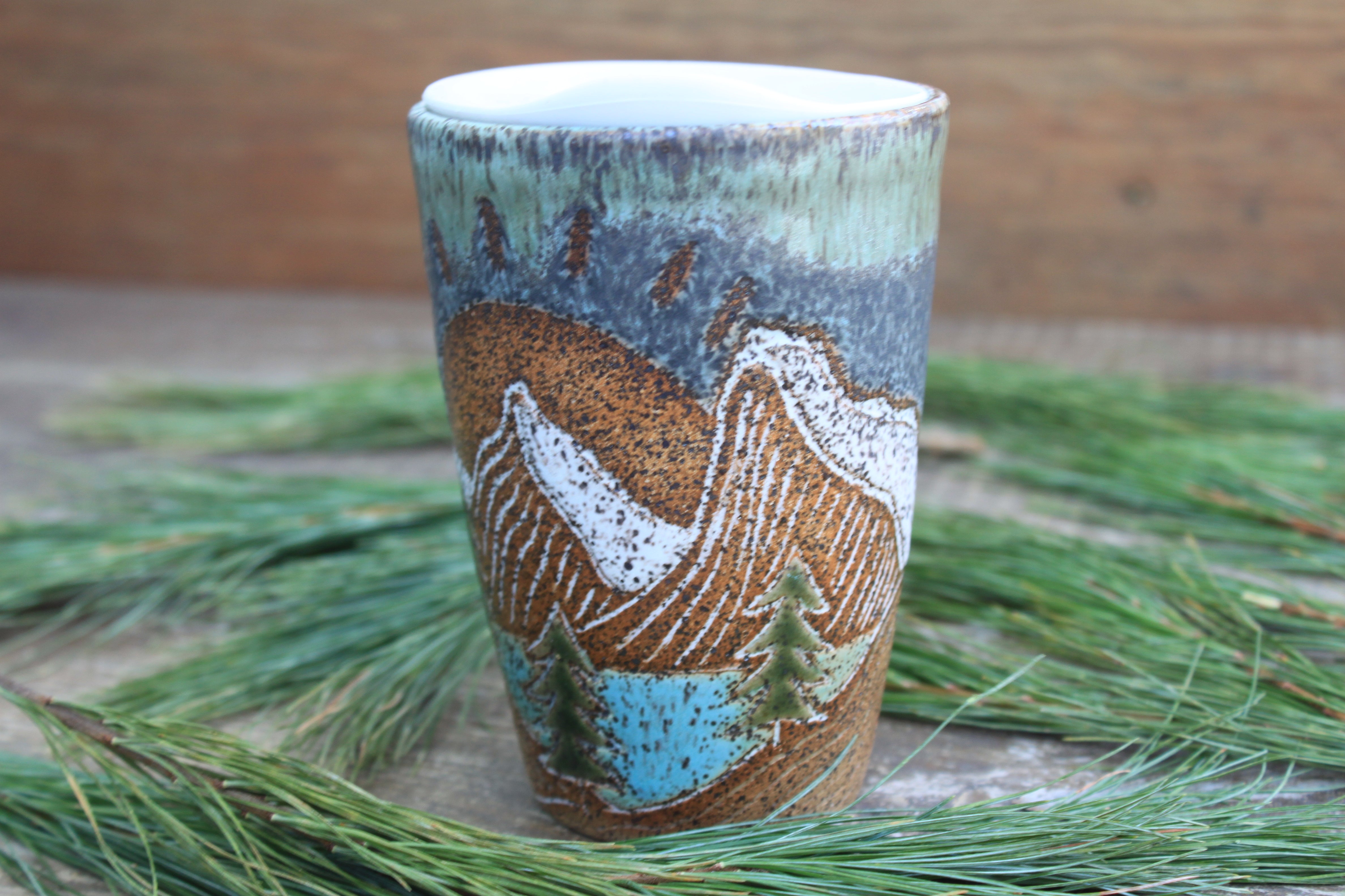 Carved Mountain and Evergreen Lake Days Handled Travel Mug, 13 oz