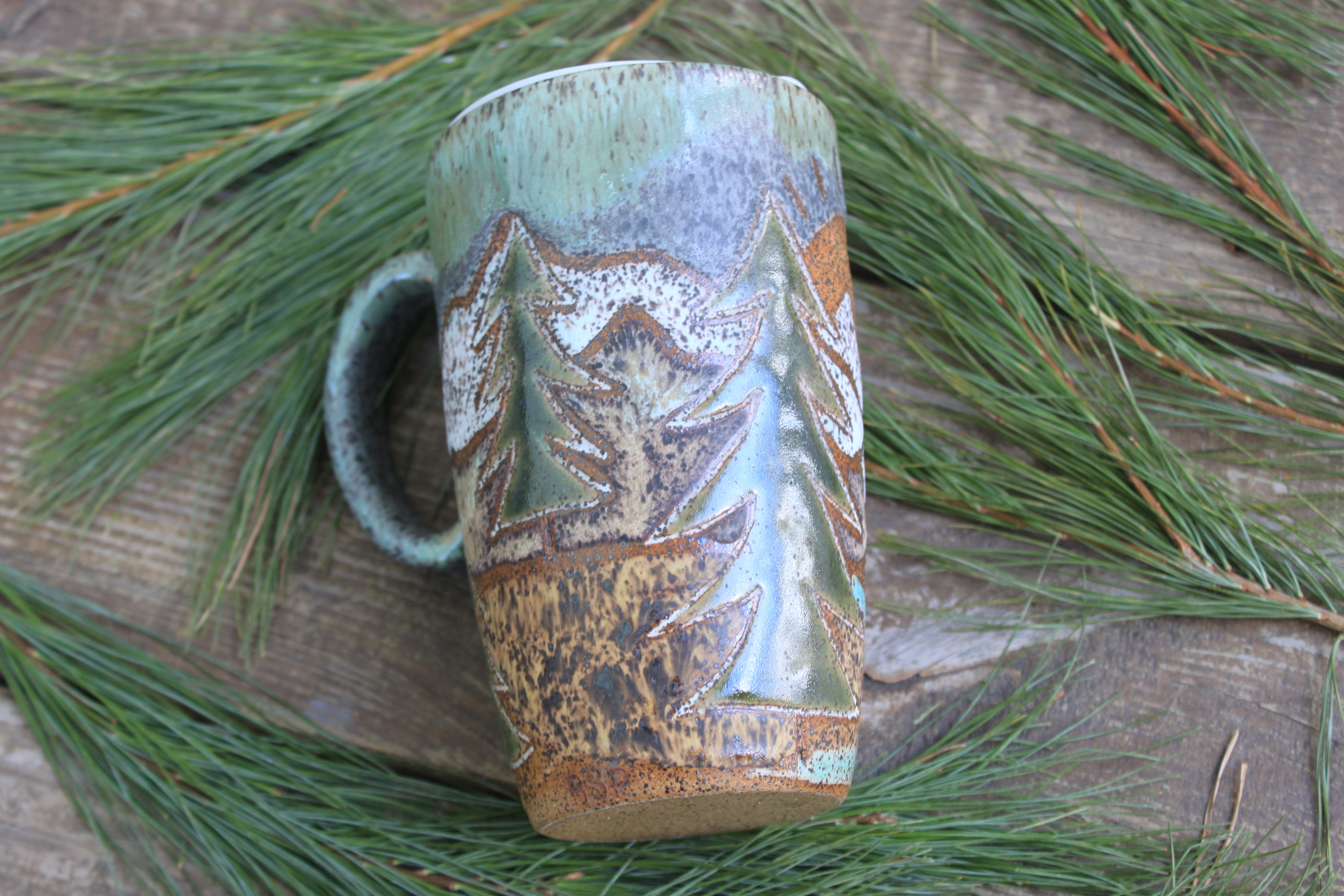 Distant Mountain and Evergreen Days Carved Handled Travel Mug, 19 oz