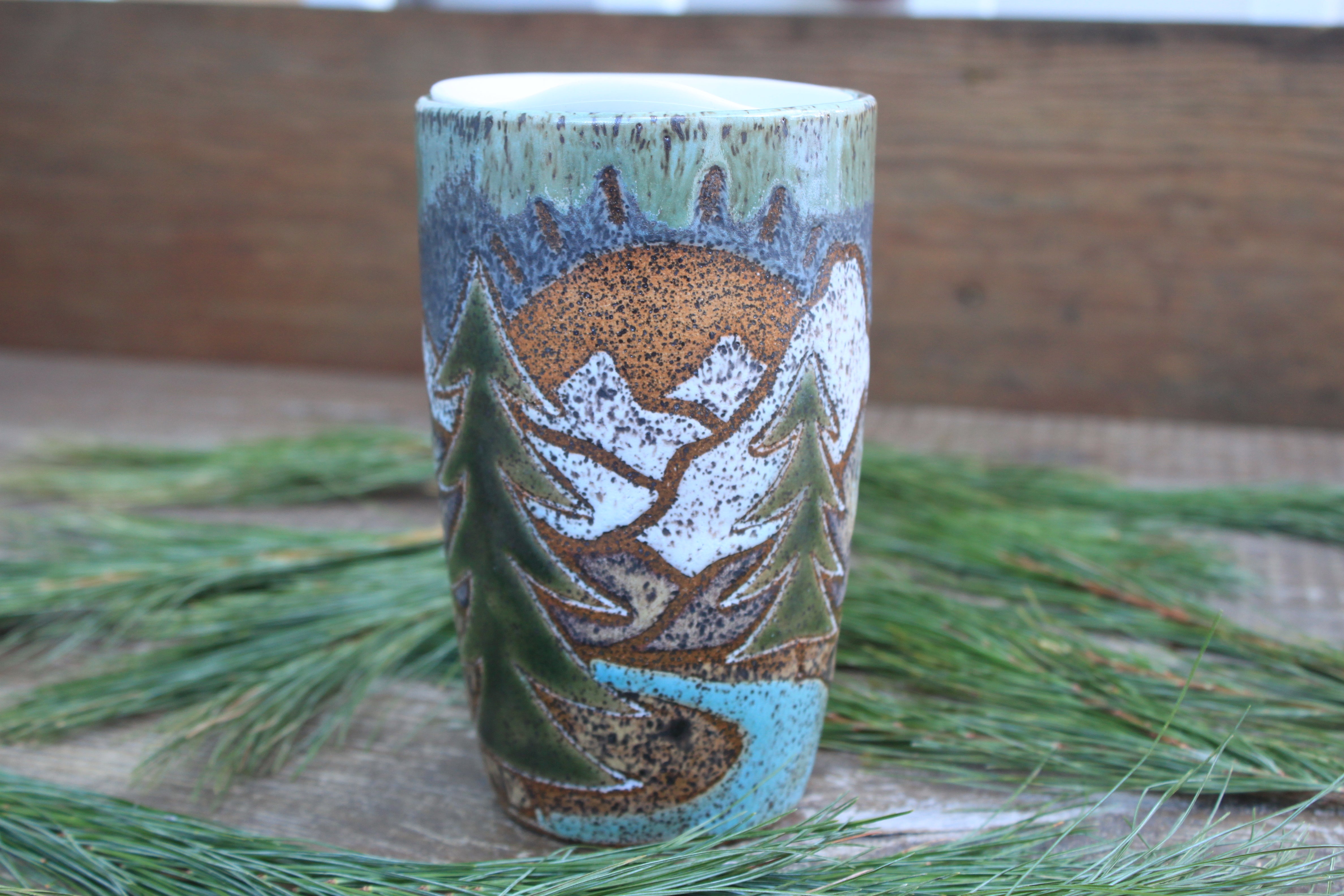 Distant Mountain and Evergreen Days Carved Handled Travel Mug, 19 oz