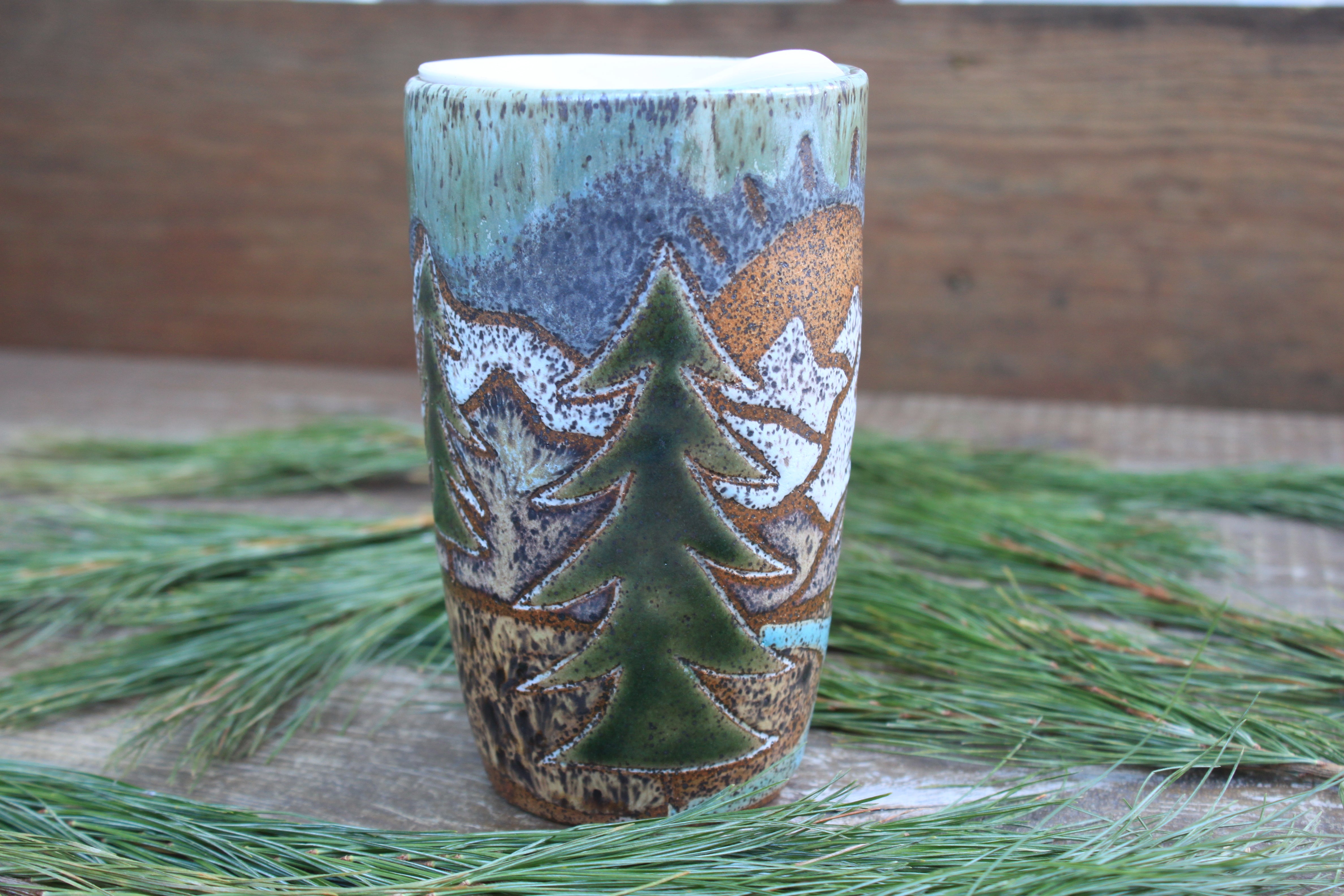 Distant Mountain and Evergreen Days Carved Handled Travel Mug, 19 oz