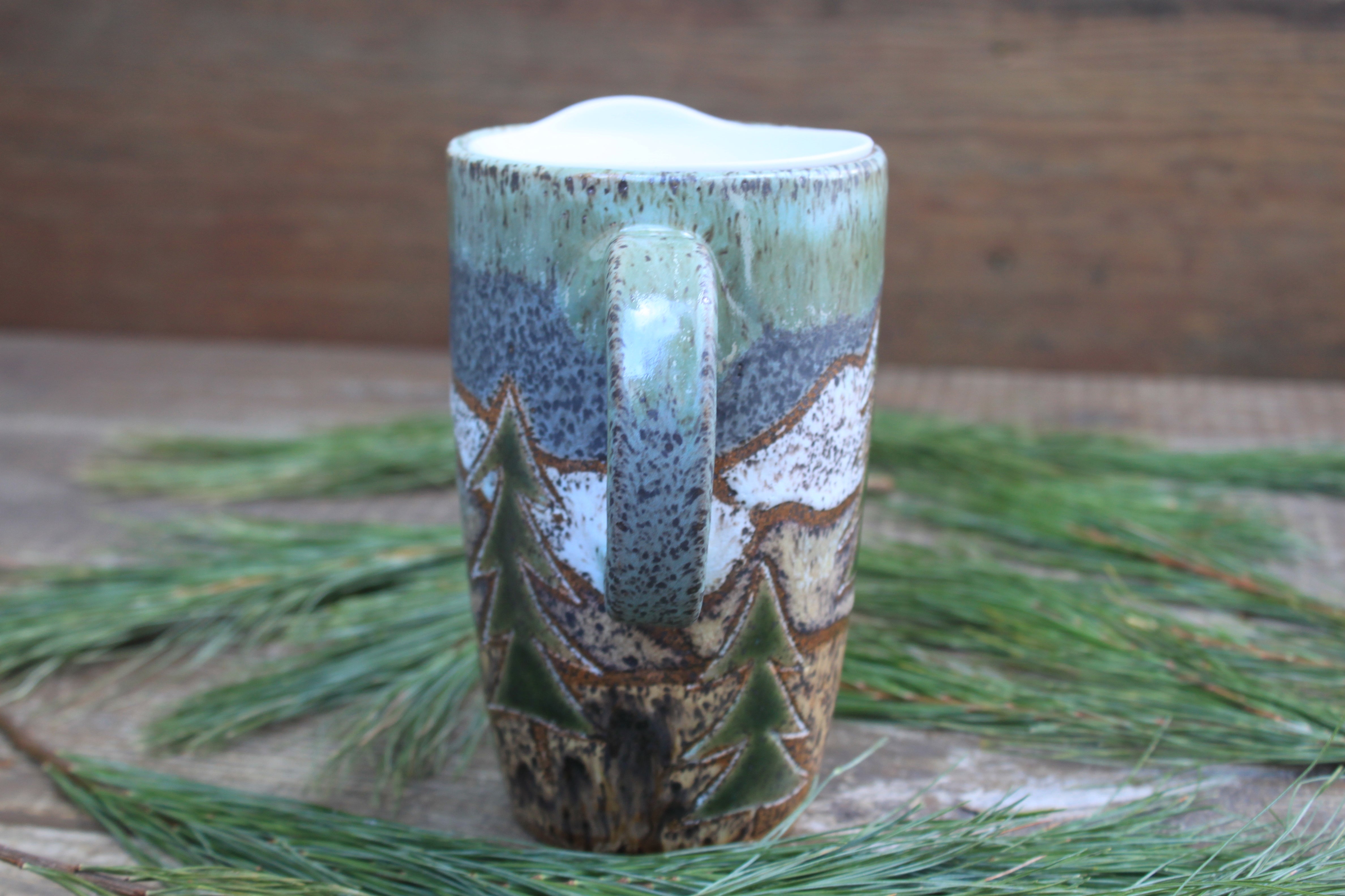 Distant Mountain and Evergreen Days Carved Handled Travel Mug, 19 oz