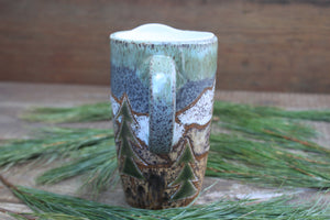 Distant Mountain and Evergreen Days Carved Handled Travel Mug, 19 oz