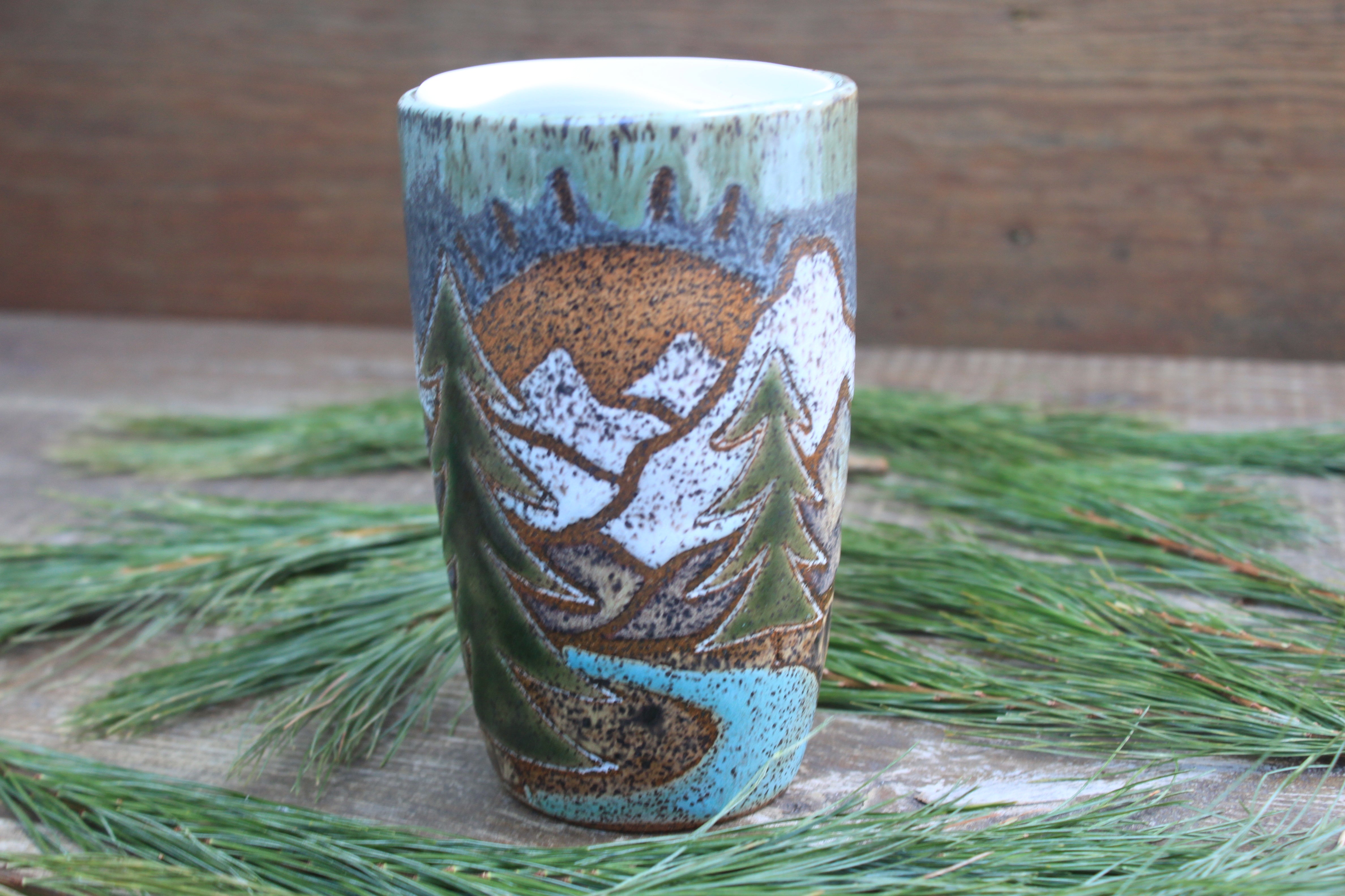 Distant Mountain and Evergreen Days Carved Handled Travel Mug, 19 oz