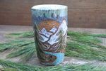 Load image into Gallery viewer, Distant Mountain and Evergreen Days Carved Handled Travel Mug, 19 oz
