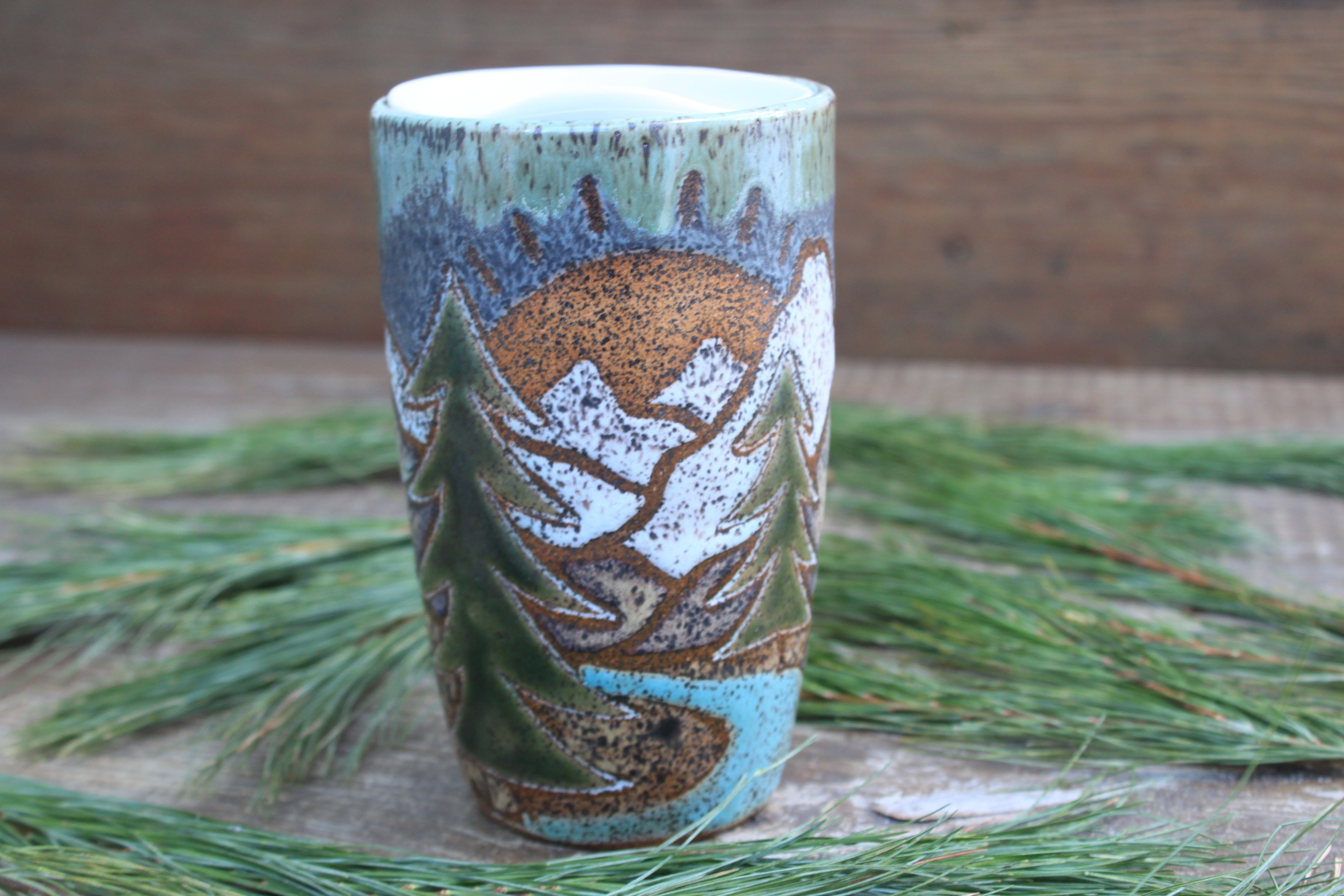 Distant Mountain and Evergreen Days Carved Handled Travel Mug, 19 oz