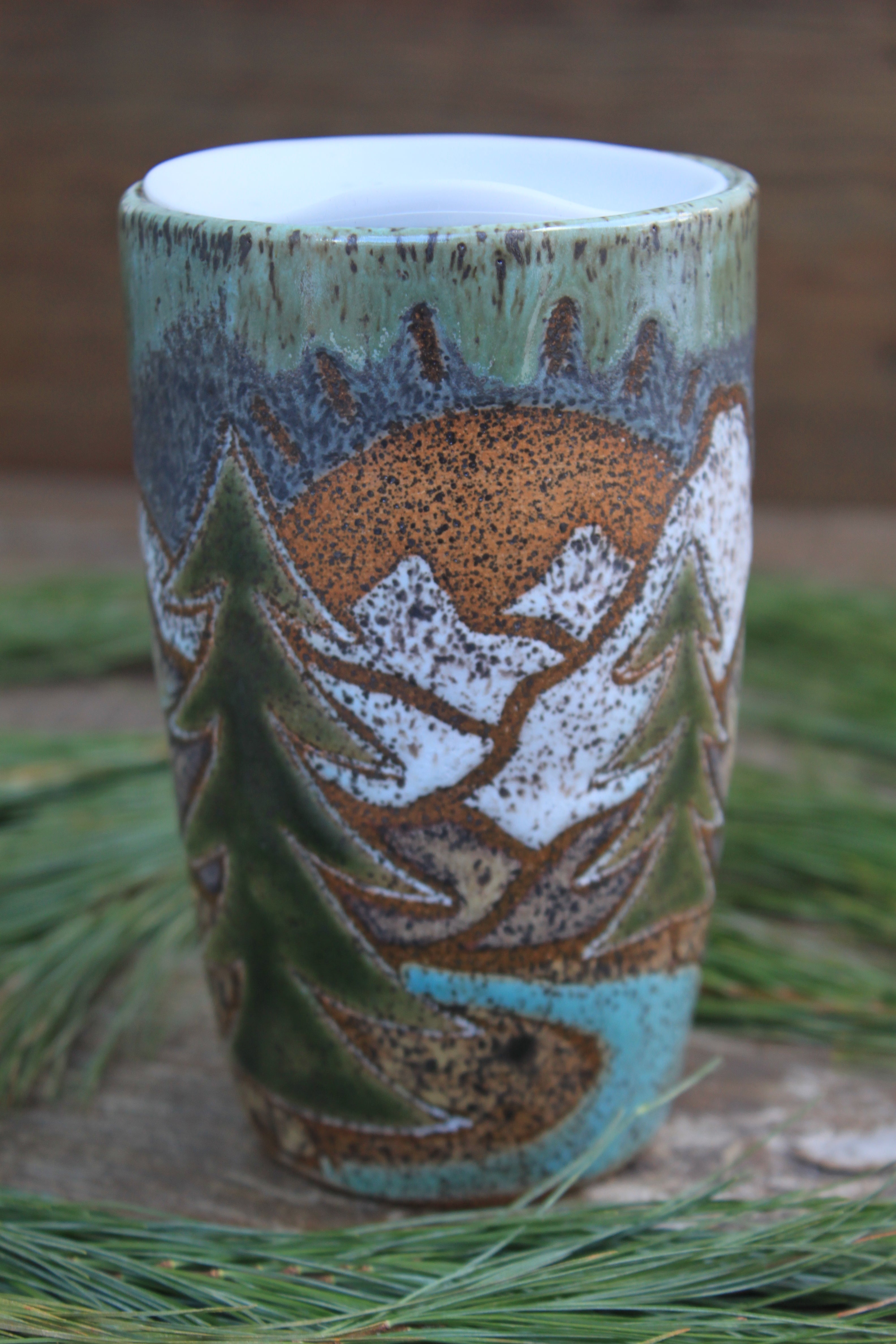 Distant Mountain and Evergreen Days Carved Handled Travel Mug, 19 oz